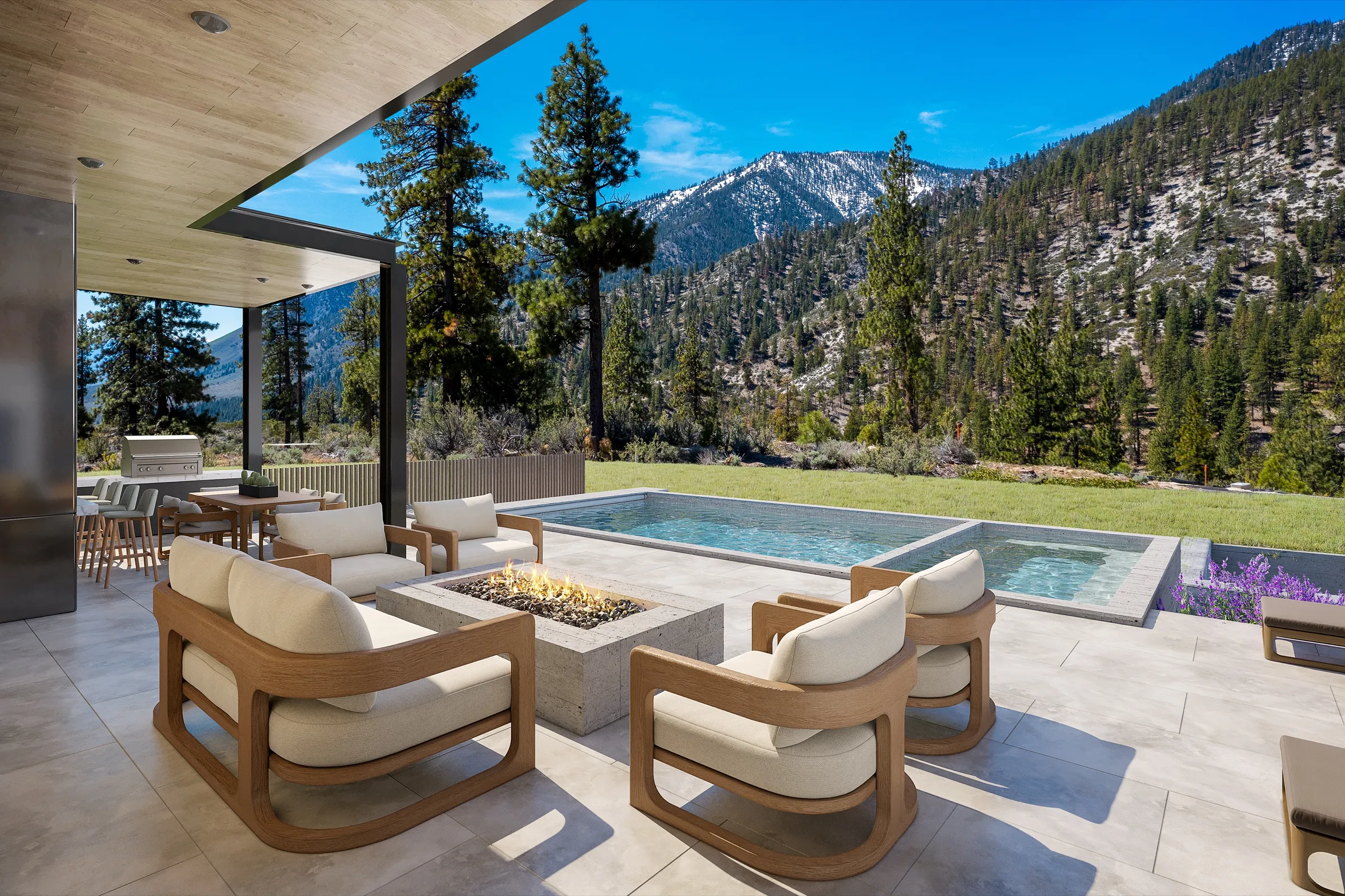 3D rendering of a couple on the covered patio of a Clear Creek Tahoe estate, looking out over the pool to a snow-capped Sierra mountain view.