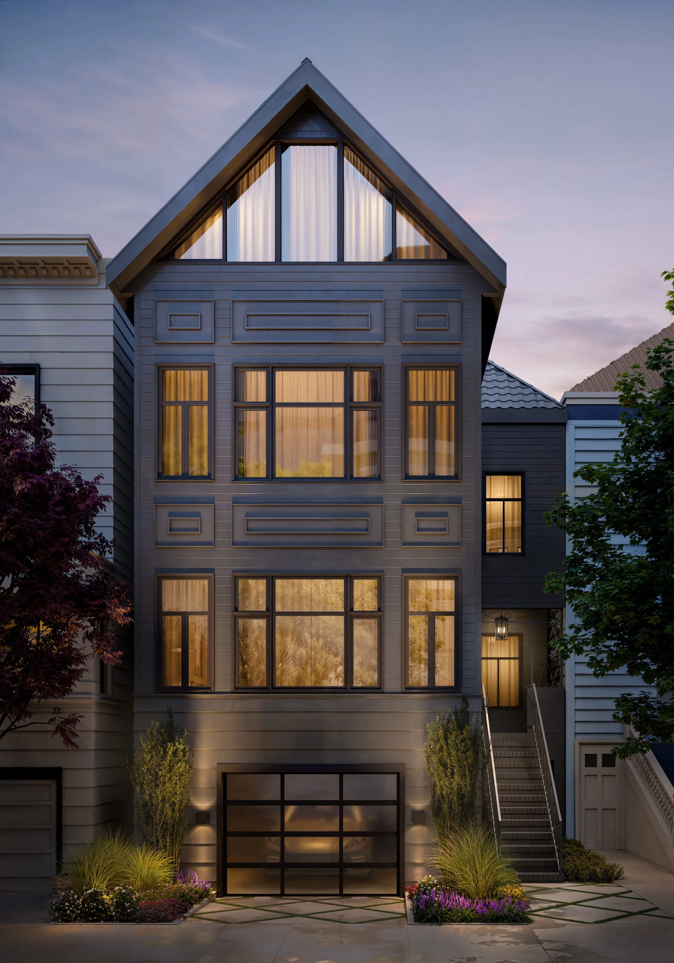 A photorealistic 3D architectural rendering by NoTriangle Studio showing the dusk front facade of the single-family home at 3740 Sacramento Street in San Francisco, a three-story gray townhouse with a gabled roof, large divided-light windows glowing warmly, a glass garage door, and side steps to the entrance.
