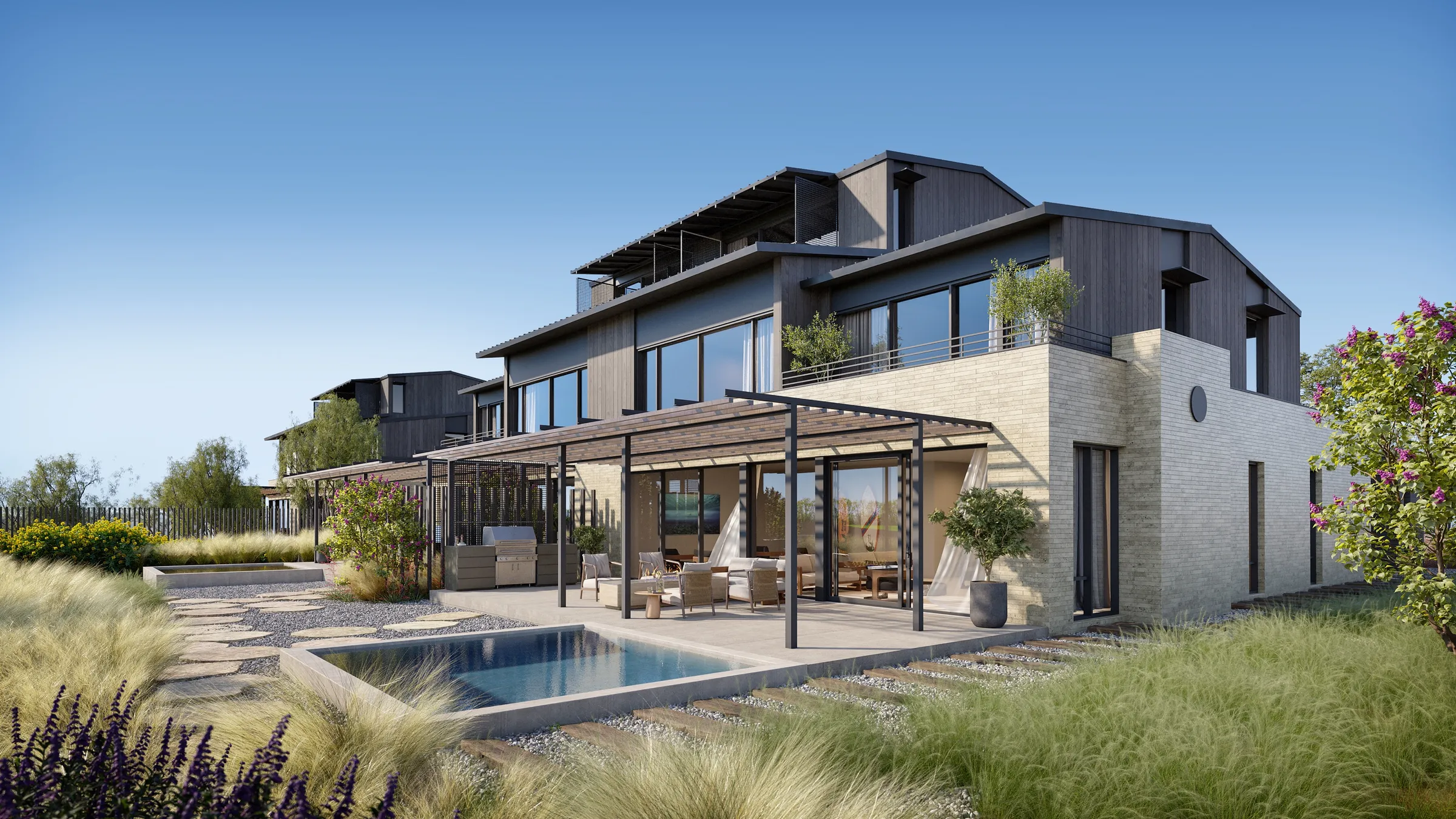 3D exterior rendering of the rear of the North duplex at Austin Surf Club, with stepped pergola-shaded terraces, a plunge pool, brick and timber walls, and native planting.