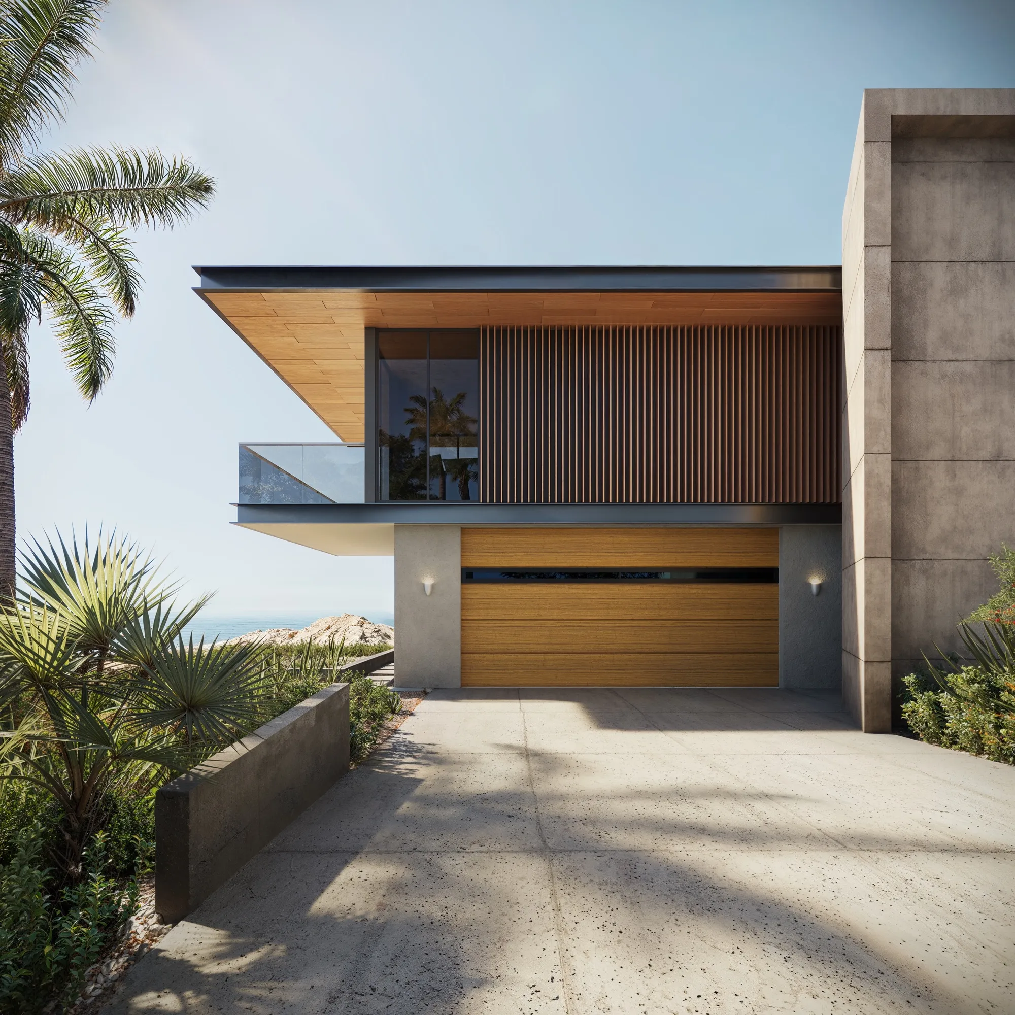 3D exterior rendering of a cantilevered coastal modern home with a wood-tone garage door, palms and the ocean beyond