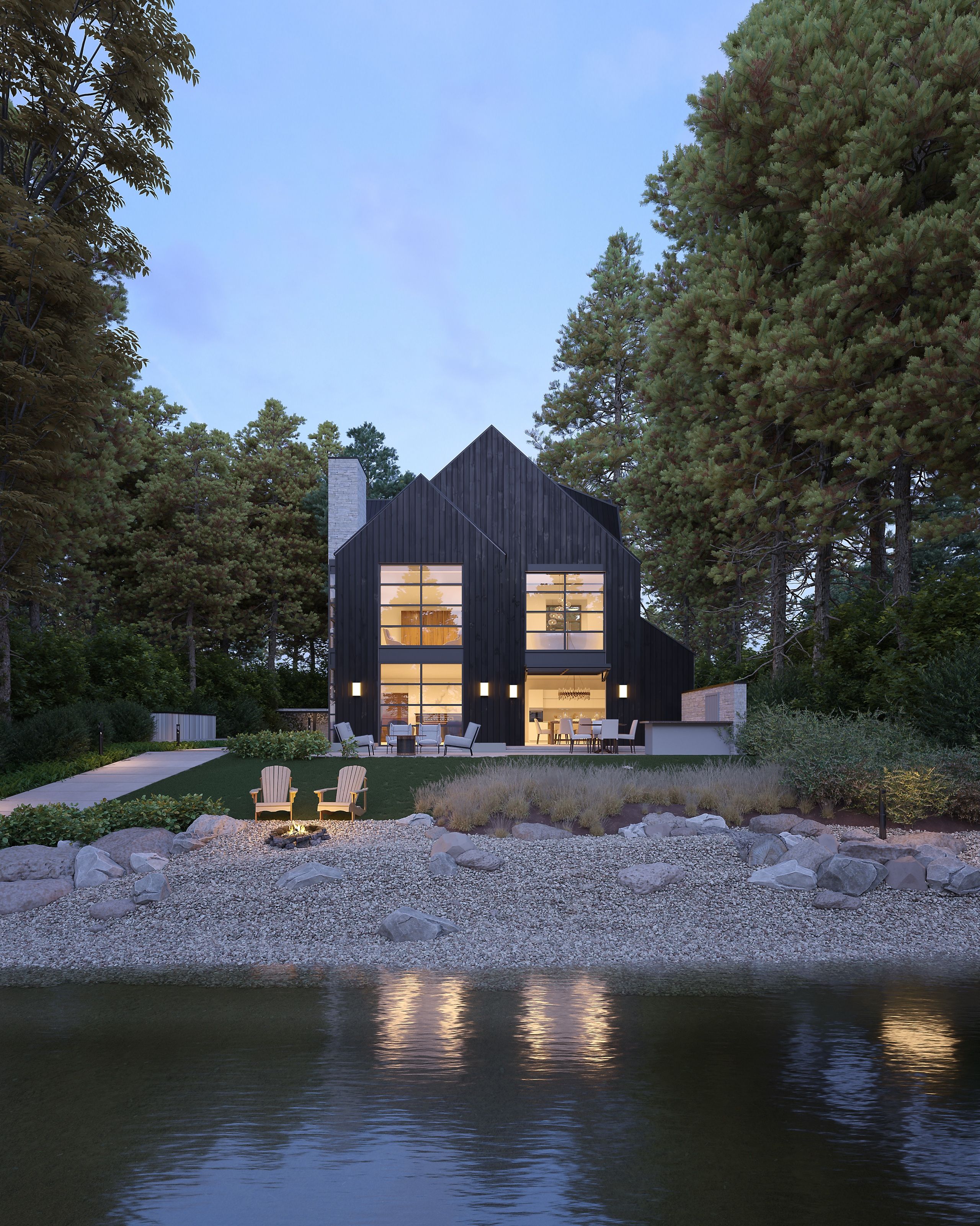 Exterior 3D rendering of a modern lakeside private residence in Vancouver for pre-sales marketing