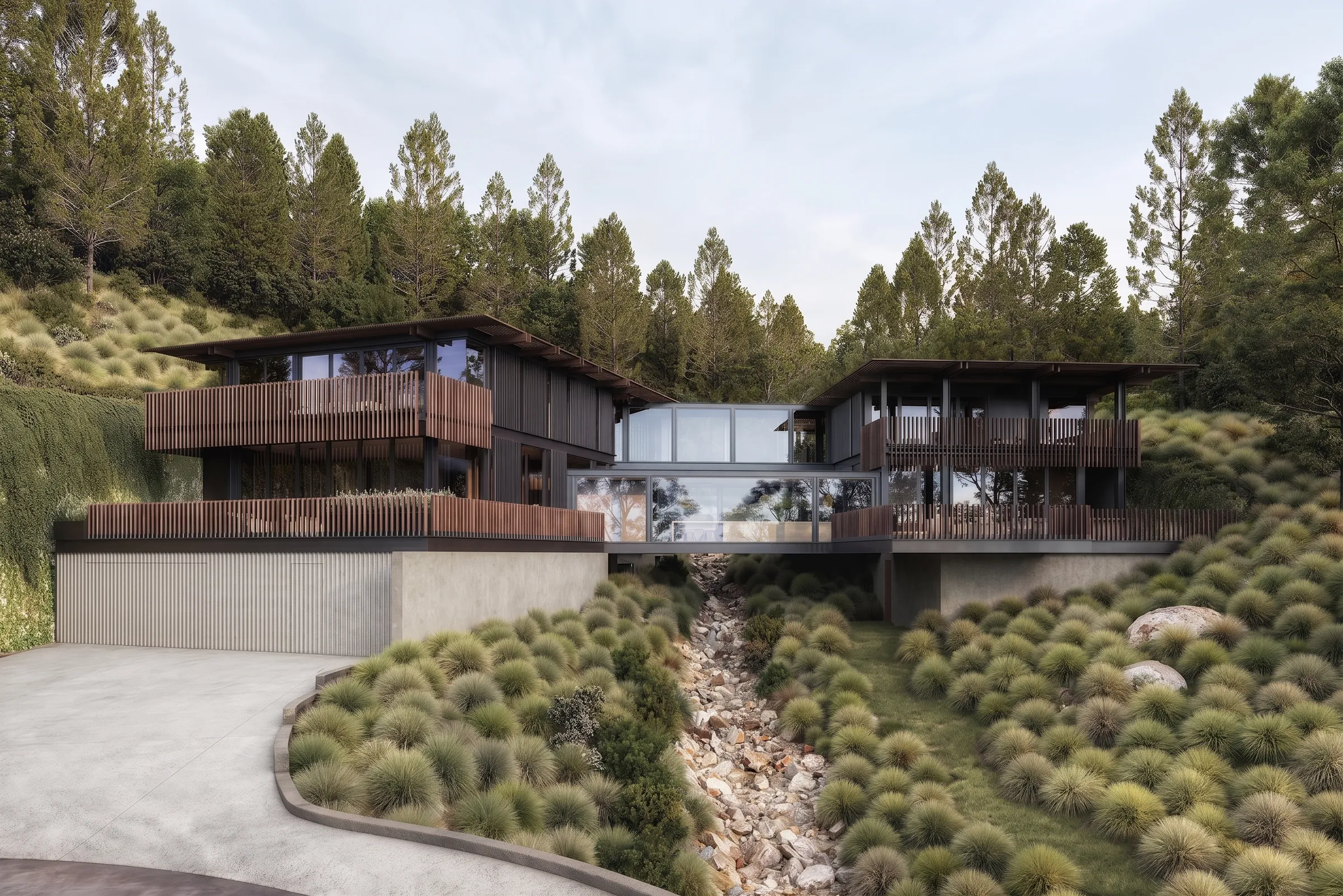 A photorealistic 3D architectural rendering by NoTriangle Studio of House 3 of the Carrizo Lots development in La Jolla, California, in daylight, a head-on view of the two wood-and-glass volumes linked by a glazed bridge spanning the rocky dry creek bed, framed by pines and native grasses.