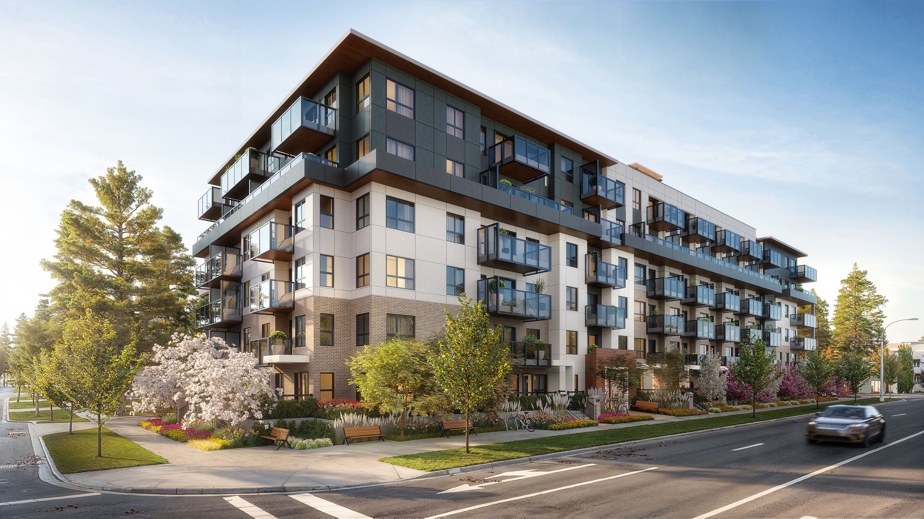 Exterior 3D rendering for pre-sales of the Muse townhouse development in Surrey, Canada