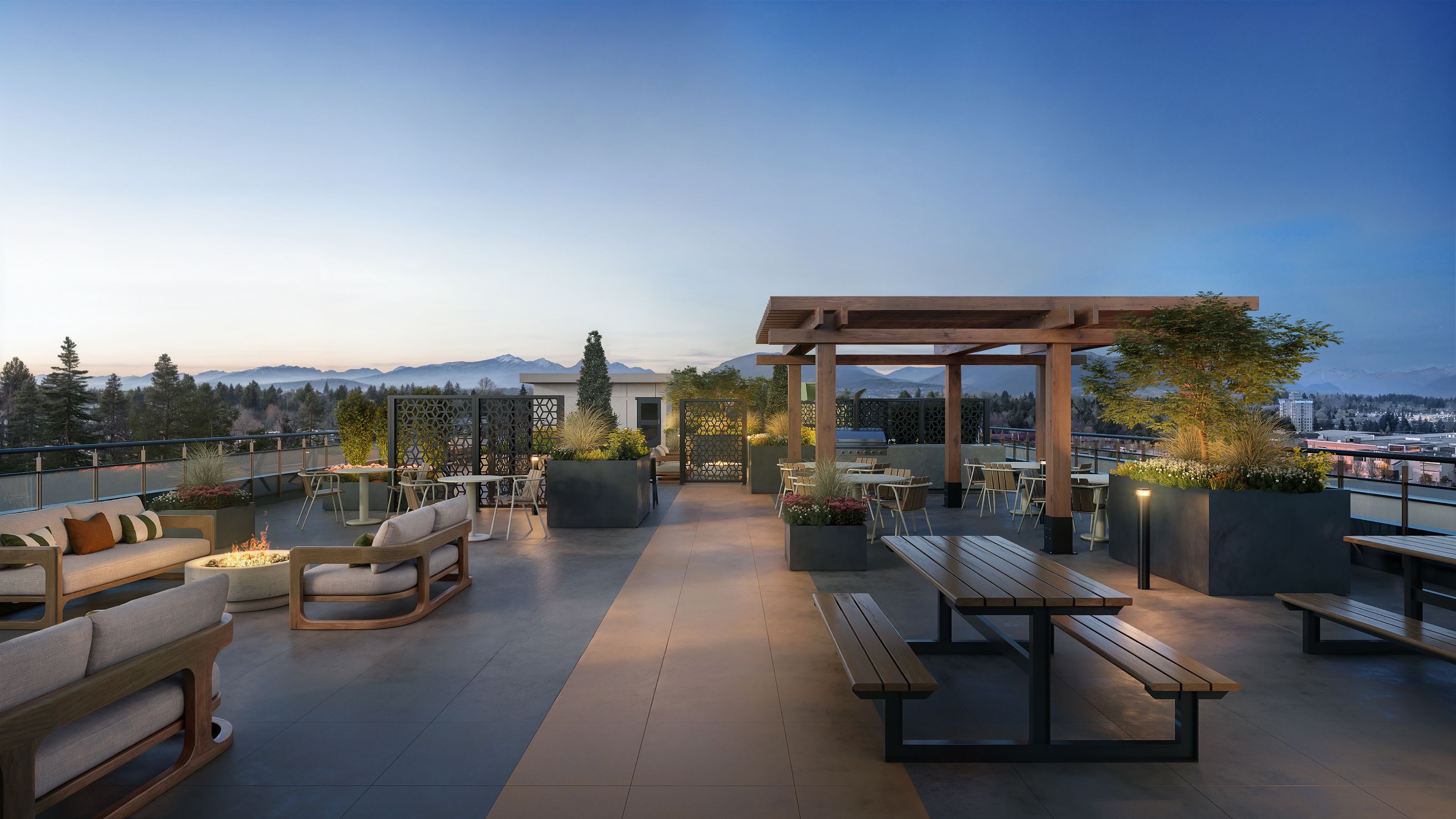 3D rendering of a rooftop terrace amenity at dusk with lounge seating, a fire pit, a wood pergola, and dining tables overlooking distant mountains