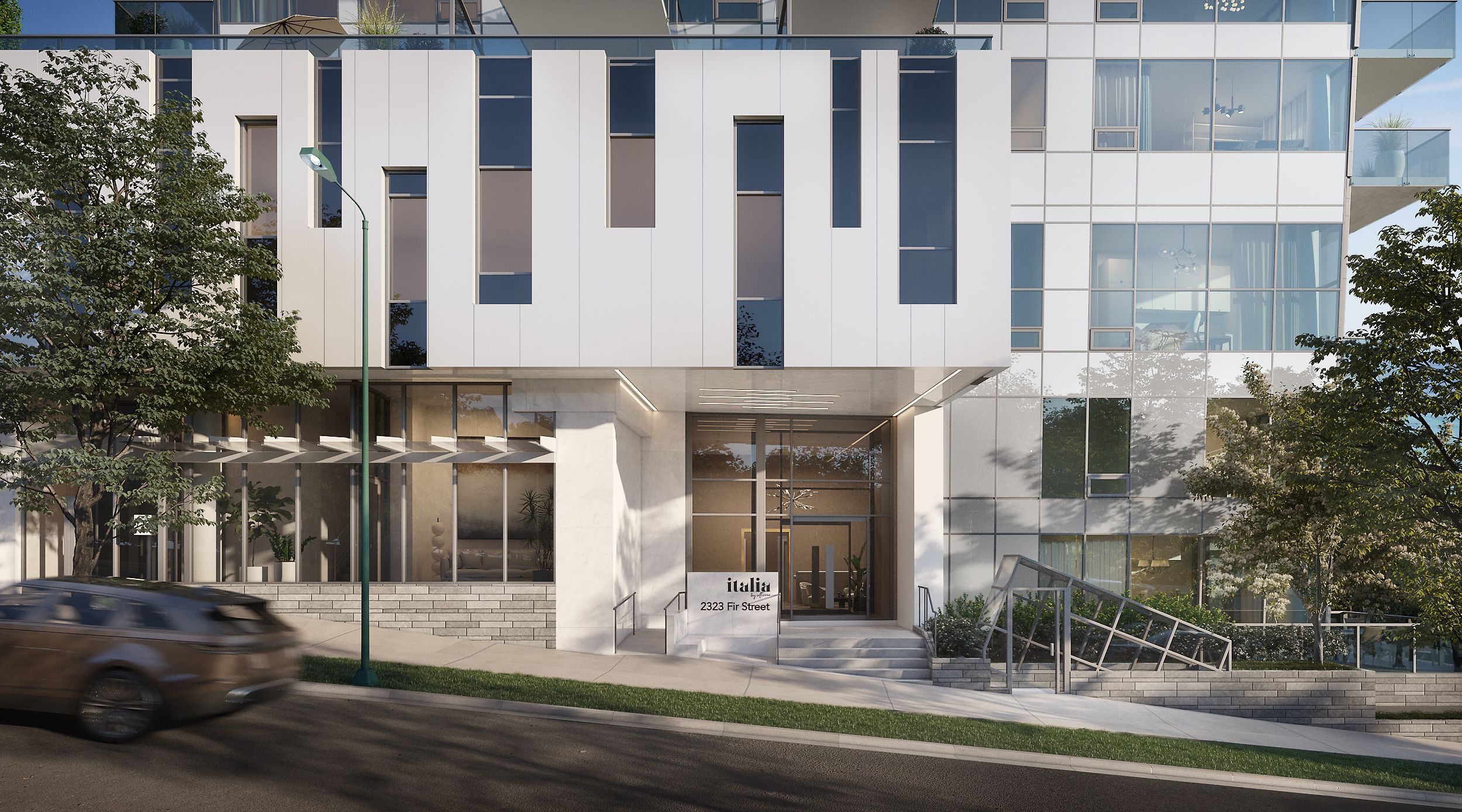 3D street-level entrance rendering of Solterra Italia condominium in Surrey, BC, for pre-sales