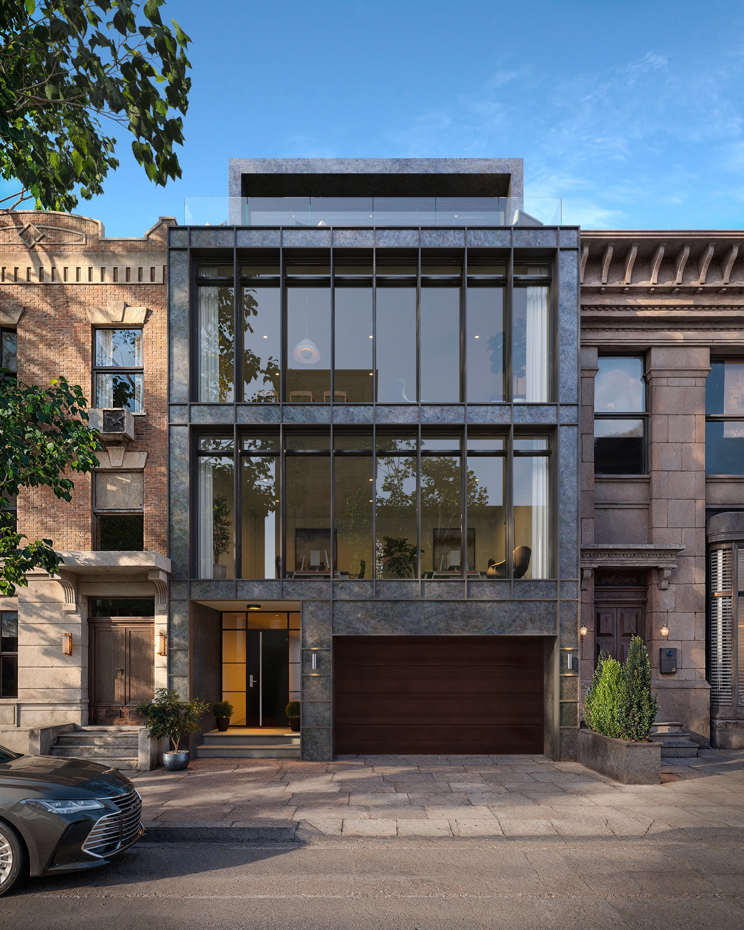 Exterior 3D rendering of a modern glass and steel townhouse between brownstones, with a dark garage door at street level