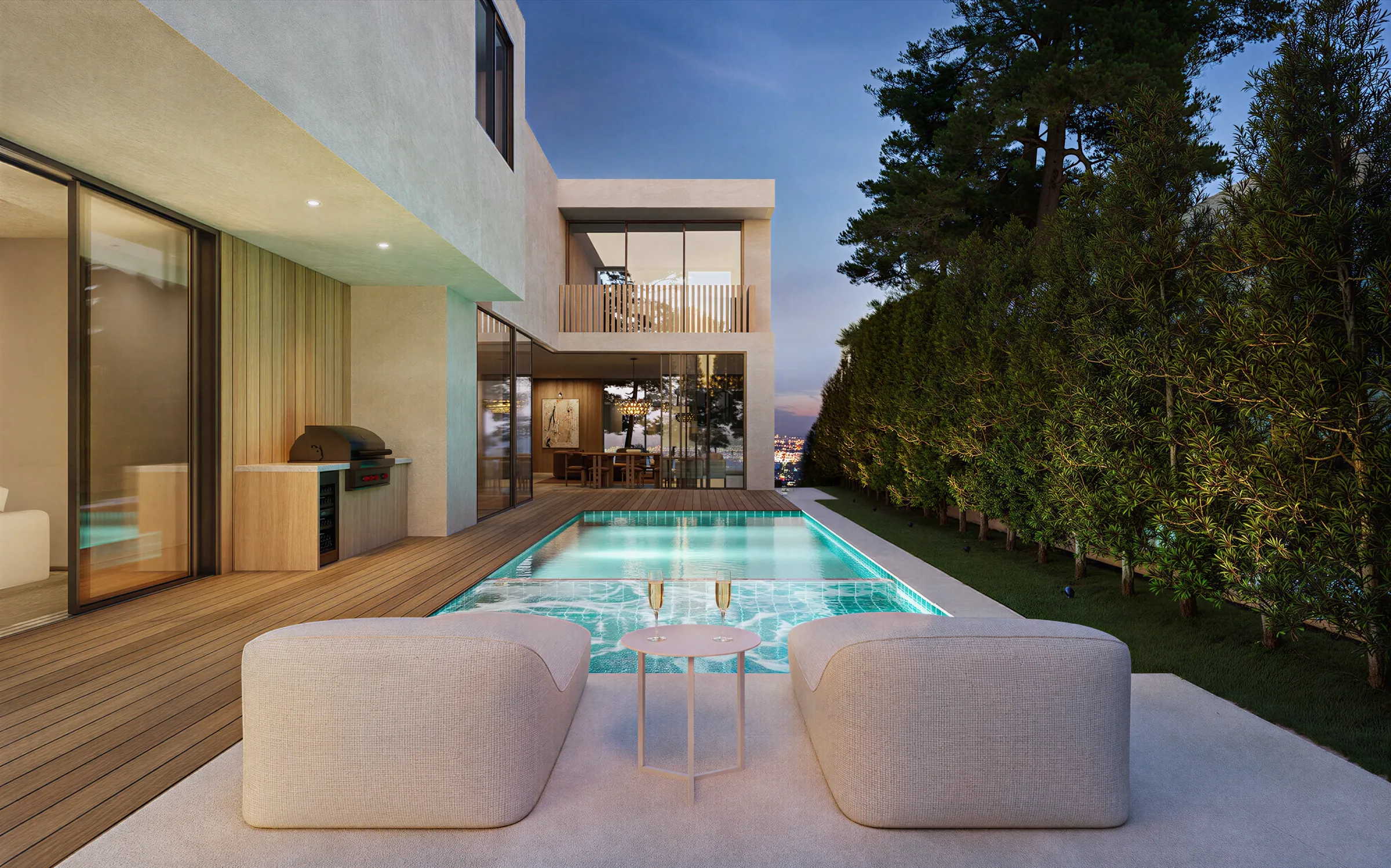 Photorealistic 3D rendering by NoTriangle Studio of the pool terrace of a new house on Mountain View Avenue, Mar Vista, Los Angeles, at dusk: two upholstered loungers on a stone deck, a lit tiled pool, an outdoor kitchen and a tall hedge.