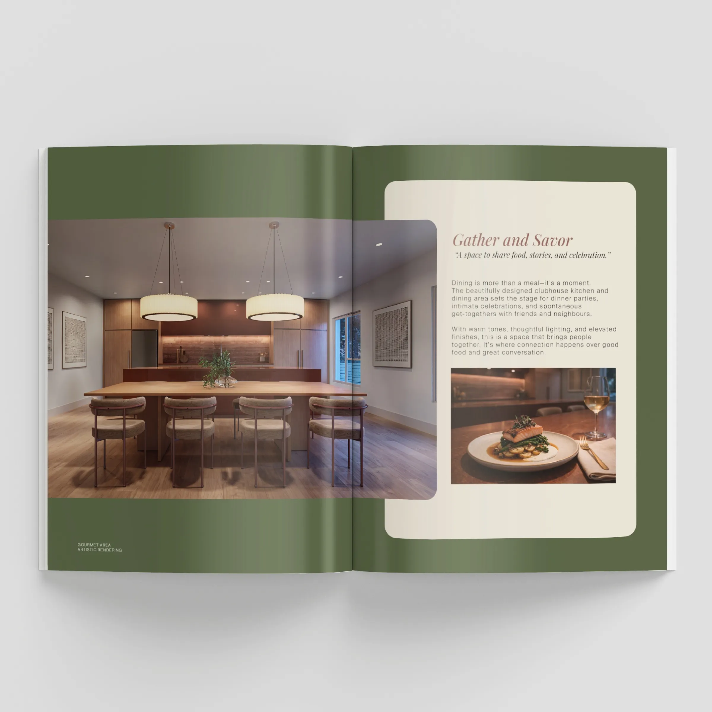 Open Muse sales brochure with a 3D rendering of the clubhouse kitchen and long dining table on a green spread titled Gather and Savor.