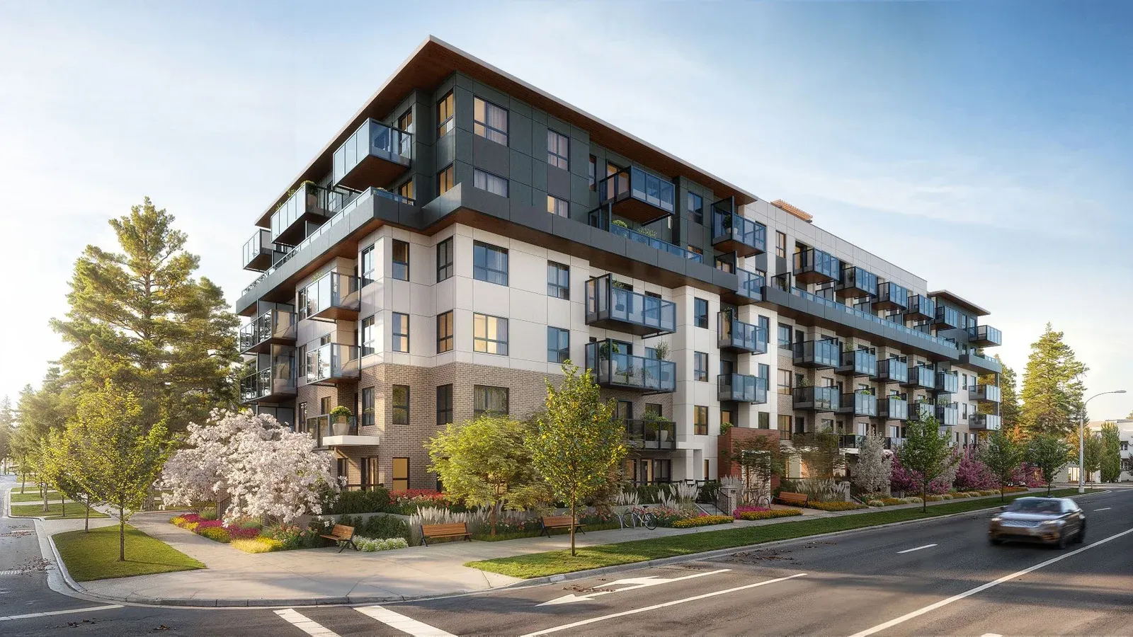 Exterior 3D rendering of the MUSE condominium in Guildford, Surrey, Canada, seen from the street corner