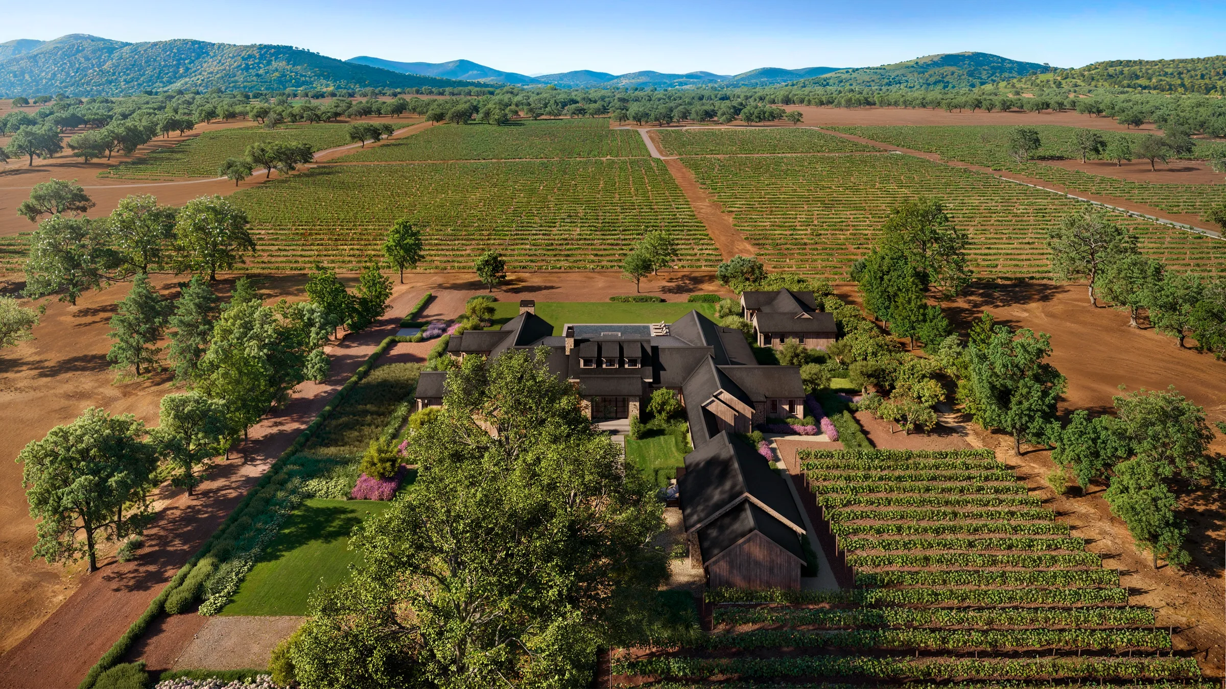 Aerial 3D rendering of a Napa Valley estate in St. Helena, the cluster of board-and-batten buildings set among rows of vineyard with mature oaks, lawns, and a pool, the hills of the valley beyond.