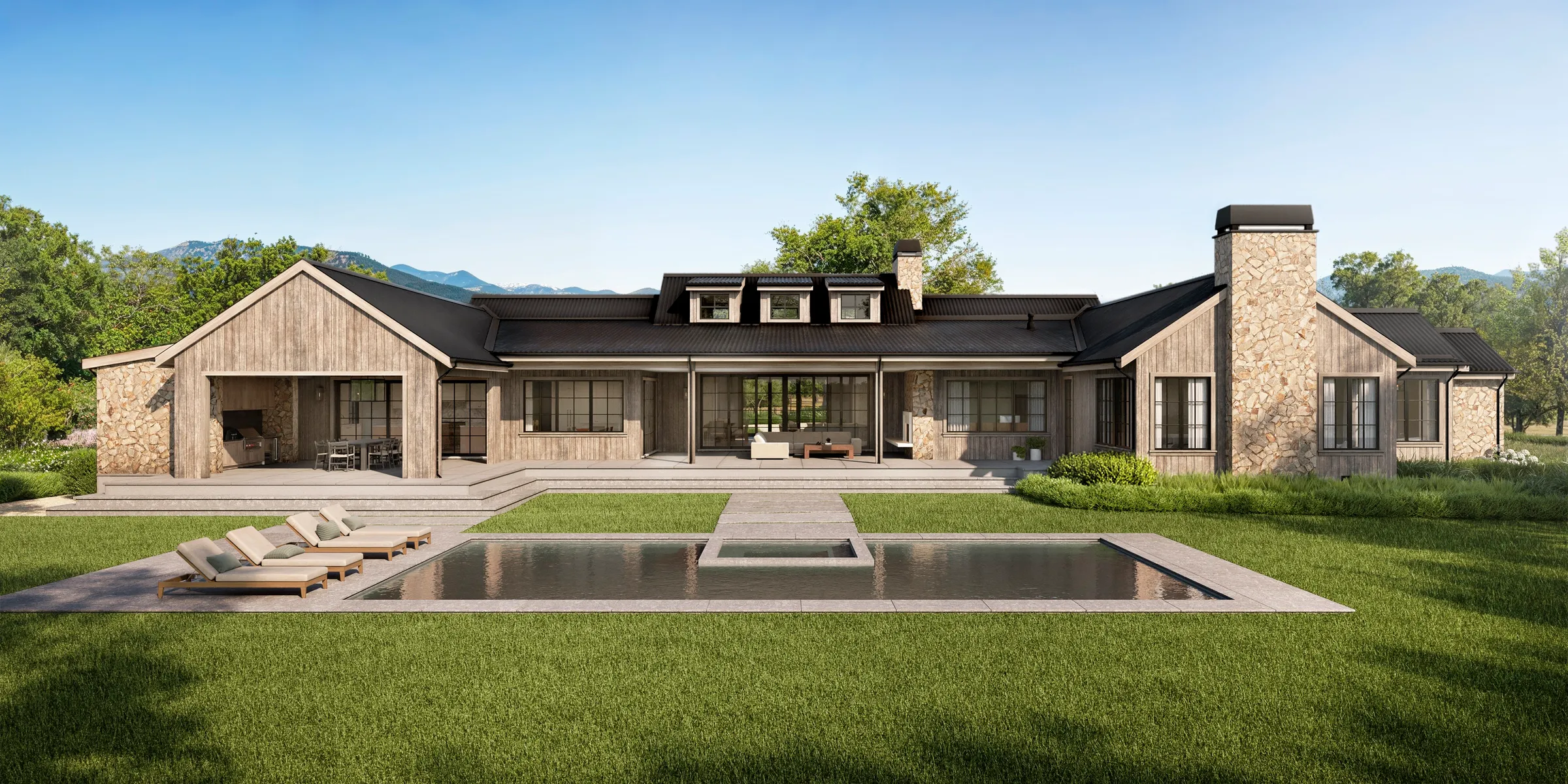 Rear elevation 3D rendering of a Napa Valley estate in St. Helena, the board-and-batten and stone house wrapping a lawn and a dark-bottom pool with sun loungers, stone chimneys at each end, the valley hills beyond.