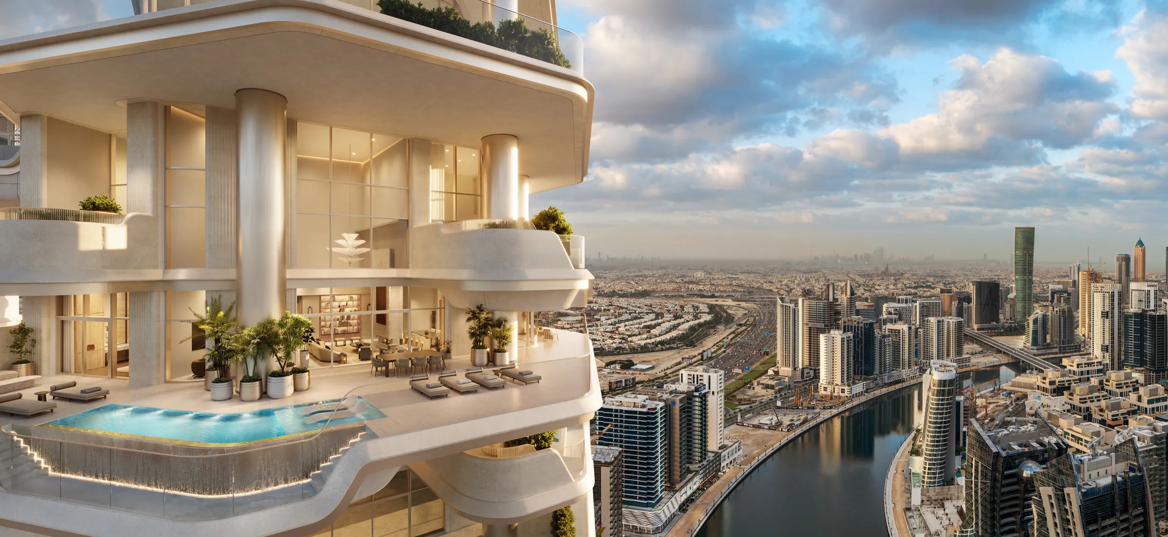 3D rendering of Sankari Place, Regent Residences by Foster + Partners, Business Bay, Dubai: a penthouse terrace with an infinity pool and city skyline view