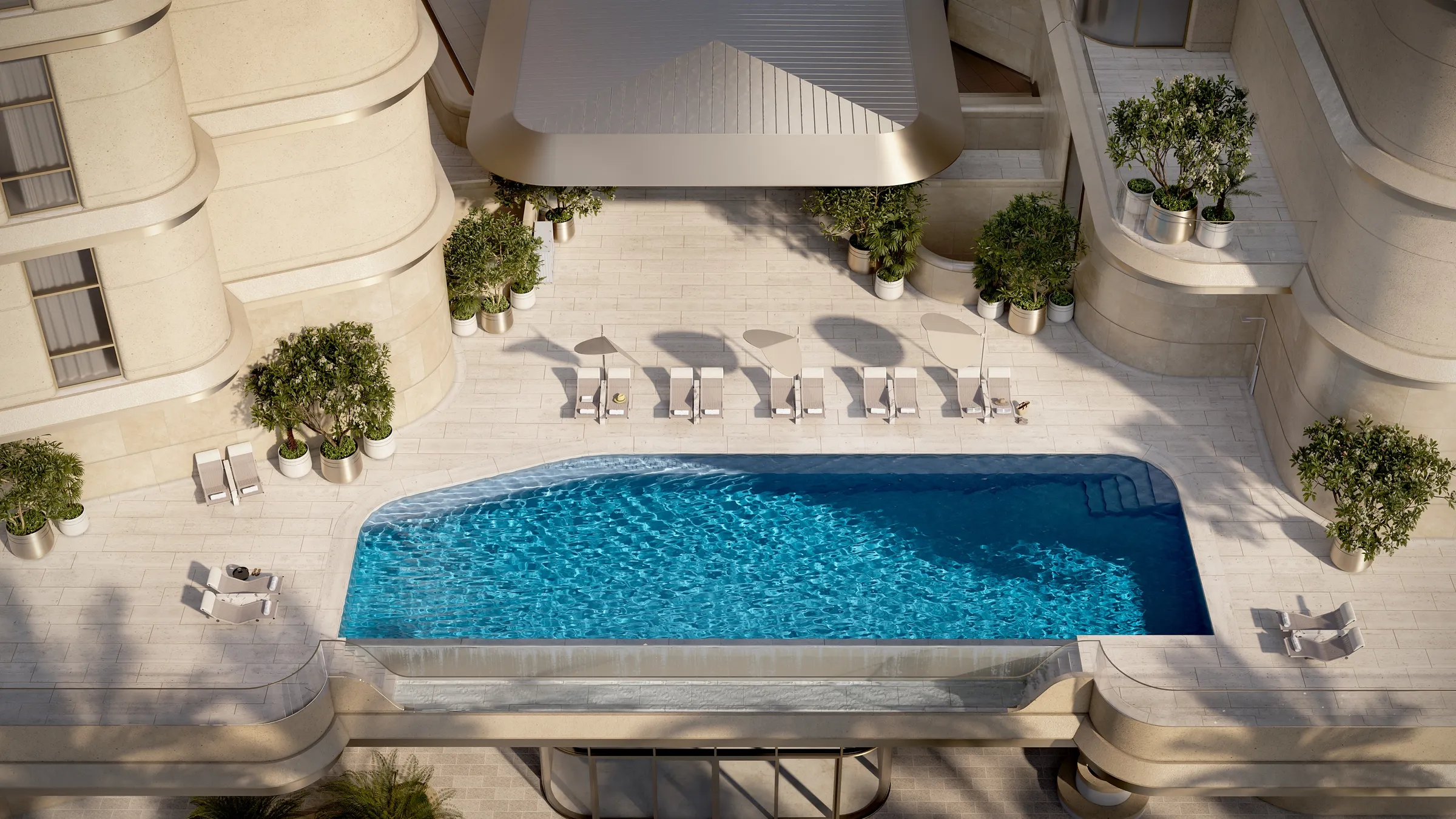 Aerial 3D rendering of the elevated pool deck between the residential wings of Sankari Place, Regent Residences by Foster + Partners, Business Bay, Dubai, with sun loungers and a landscaped terrace