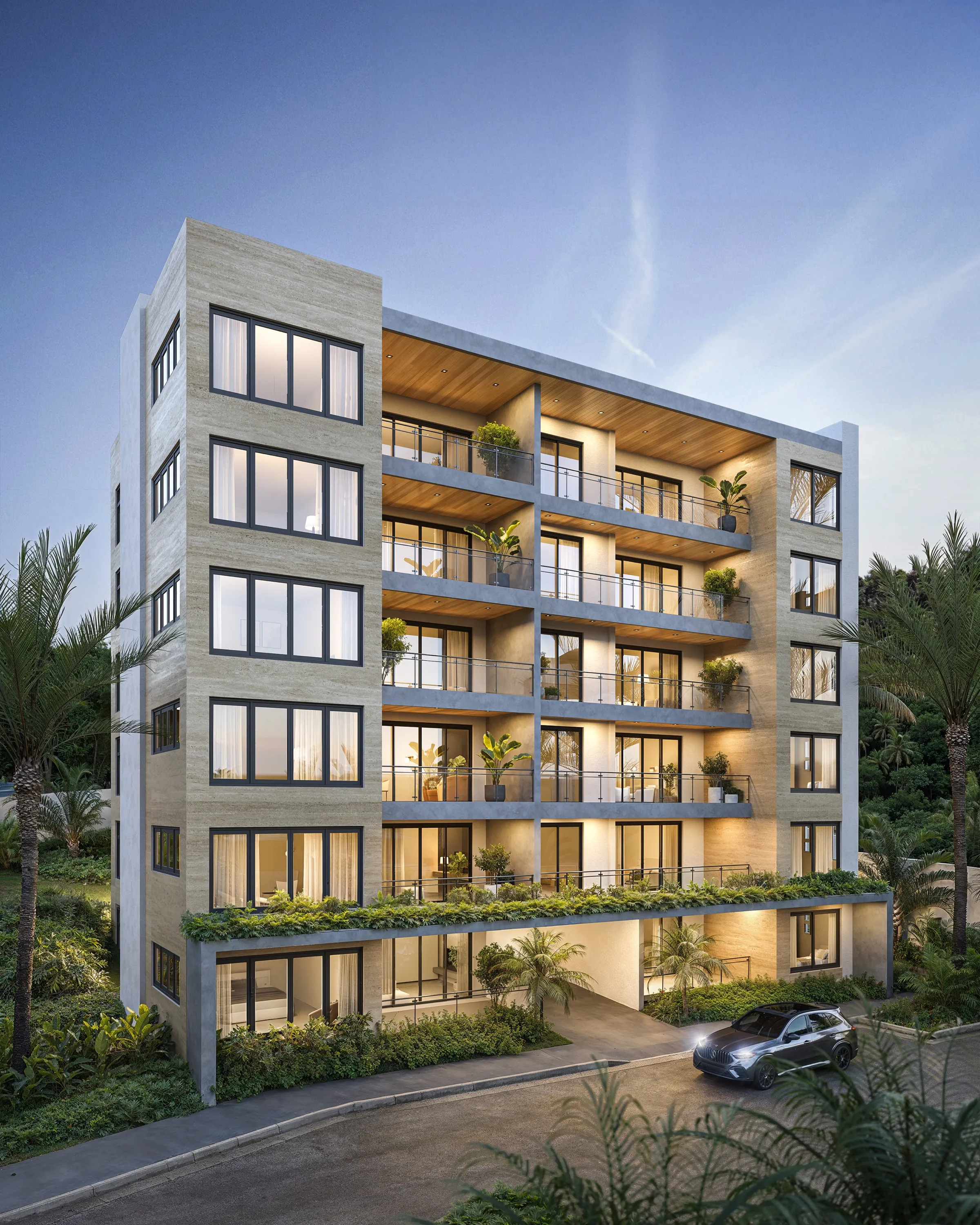 The Elysian exterior rendering at dusk, a six-story condominium block among palms in Montego Bay, Jamaica
