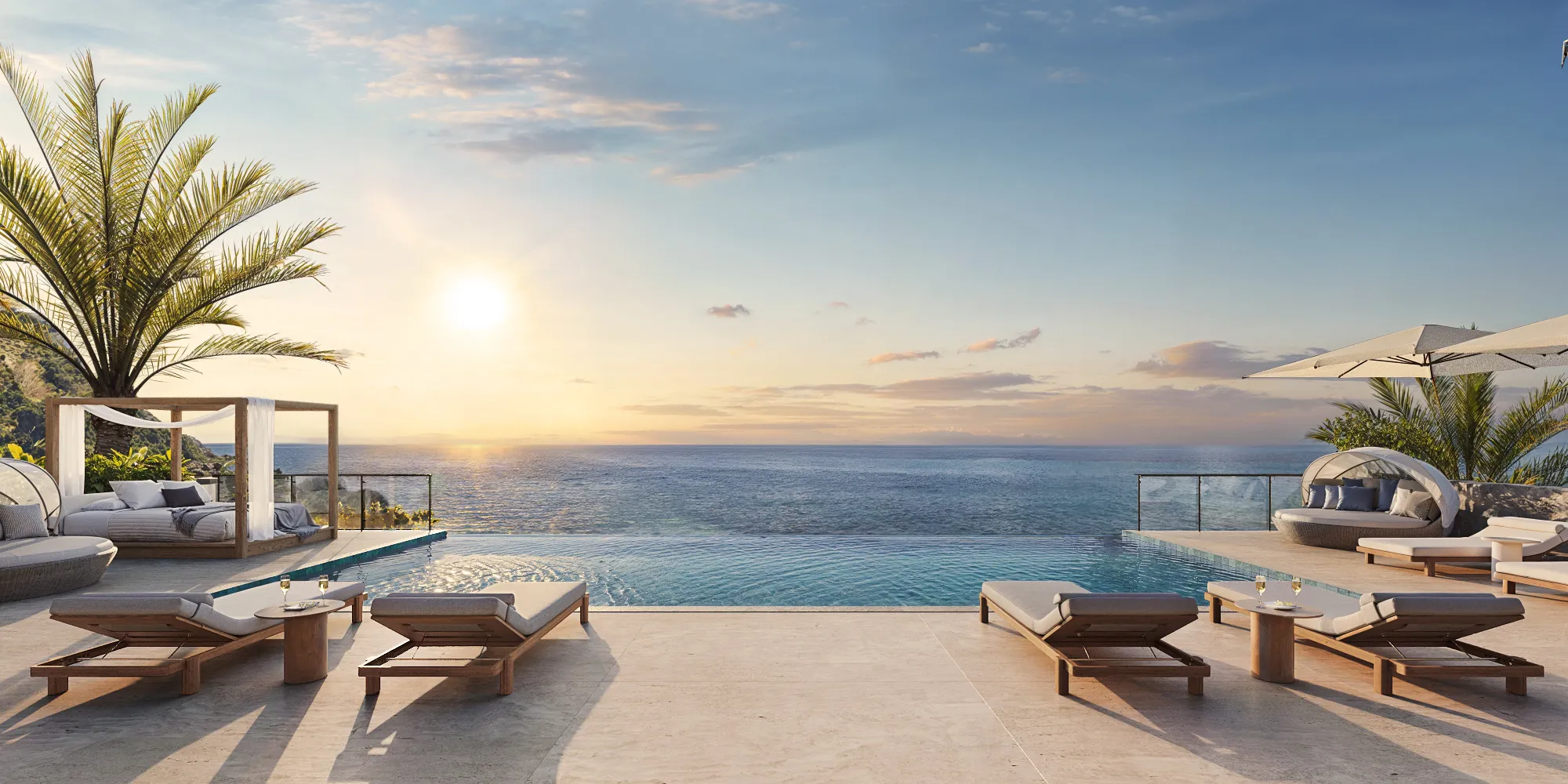 The Elysian rooftop infinity pool rendering at sunset, with sun loungers and cabanas facing the open sea