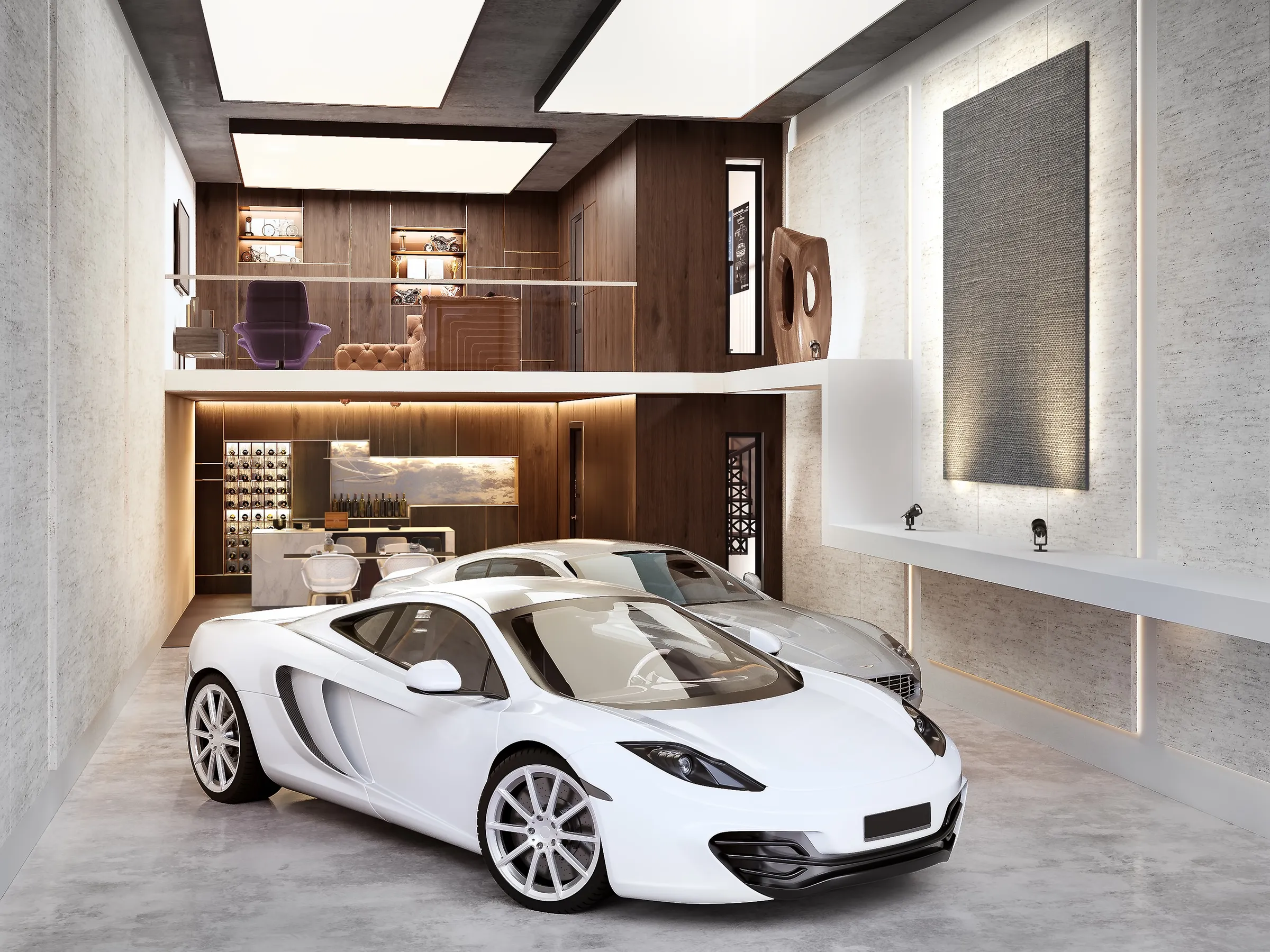 3D interior rendering by NoTriangle Studio of the Goodwood unit at Trove car condominiums in Richmond, BC, designed by Truspace: a white McLaren and a silver Aston Martin on a pale concrete floor, a walnut-panelled mezzanine lounge with leather armchairs above a kitchen with a lit wine wall and marble island.