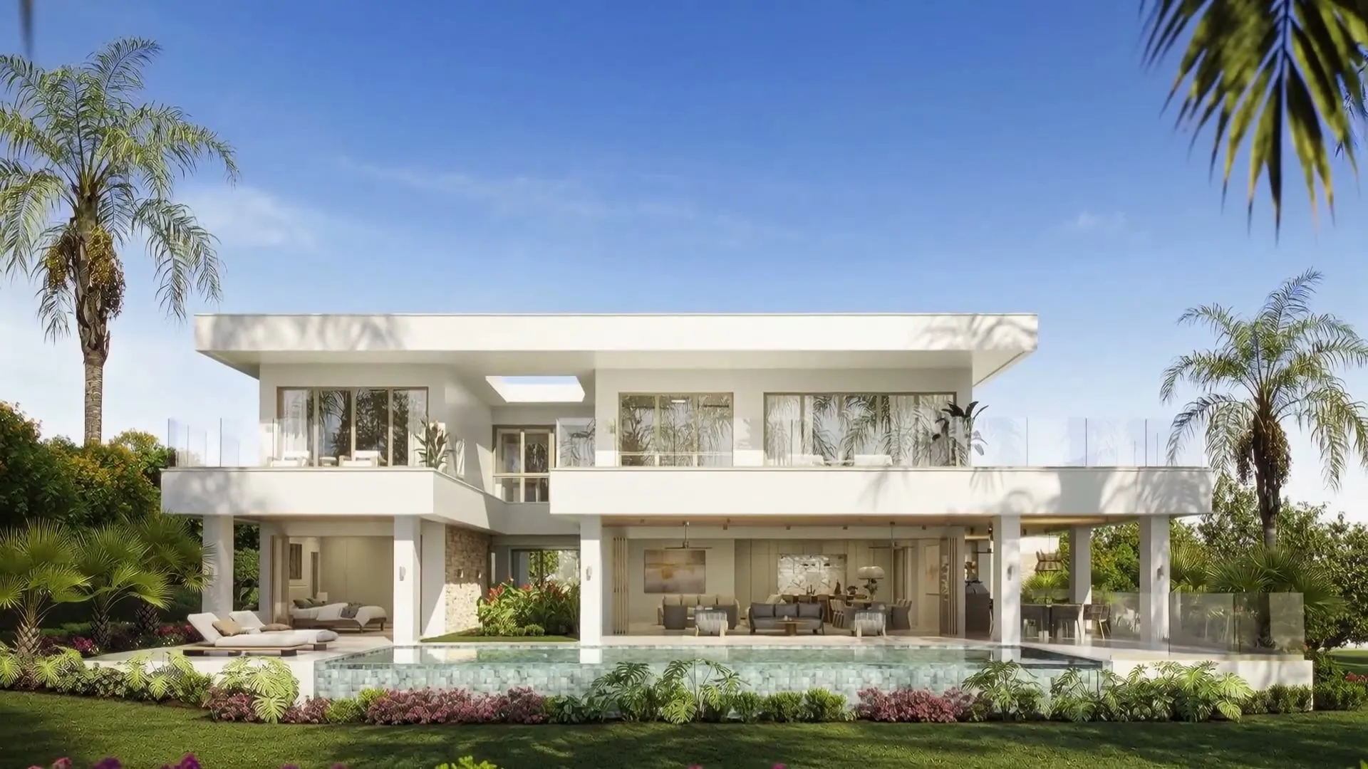 Rear 3D rendering of Villa Visala showing the white two-story elevation with a covered terrace, open-plan living opening to a pool deck and pool, sun loungers, and tropical planting.