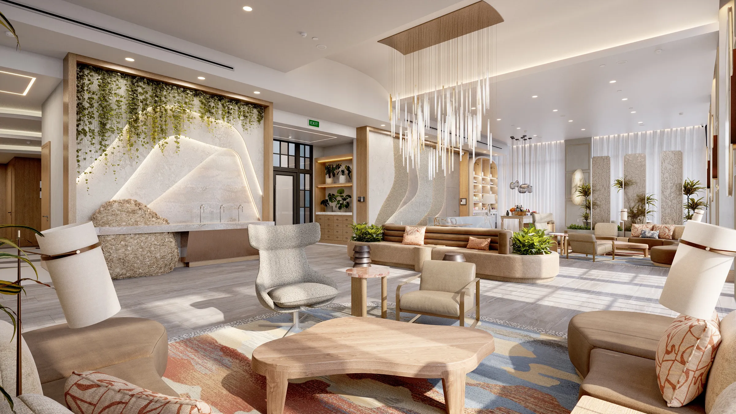 3D interior rendering of the Westin Vacation Club lobby lounge in Charleston, with a living wall of trailing greenery, a sculptural stone reception, a cascading rod chandelier, boucle wingback chairs, and a patterned rug.