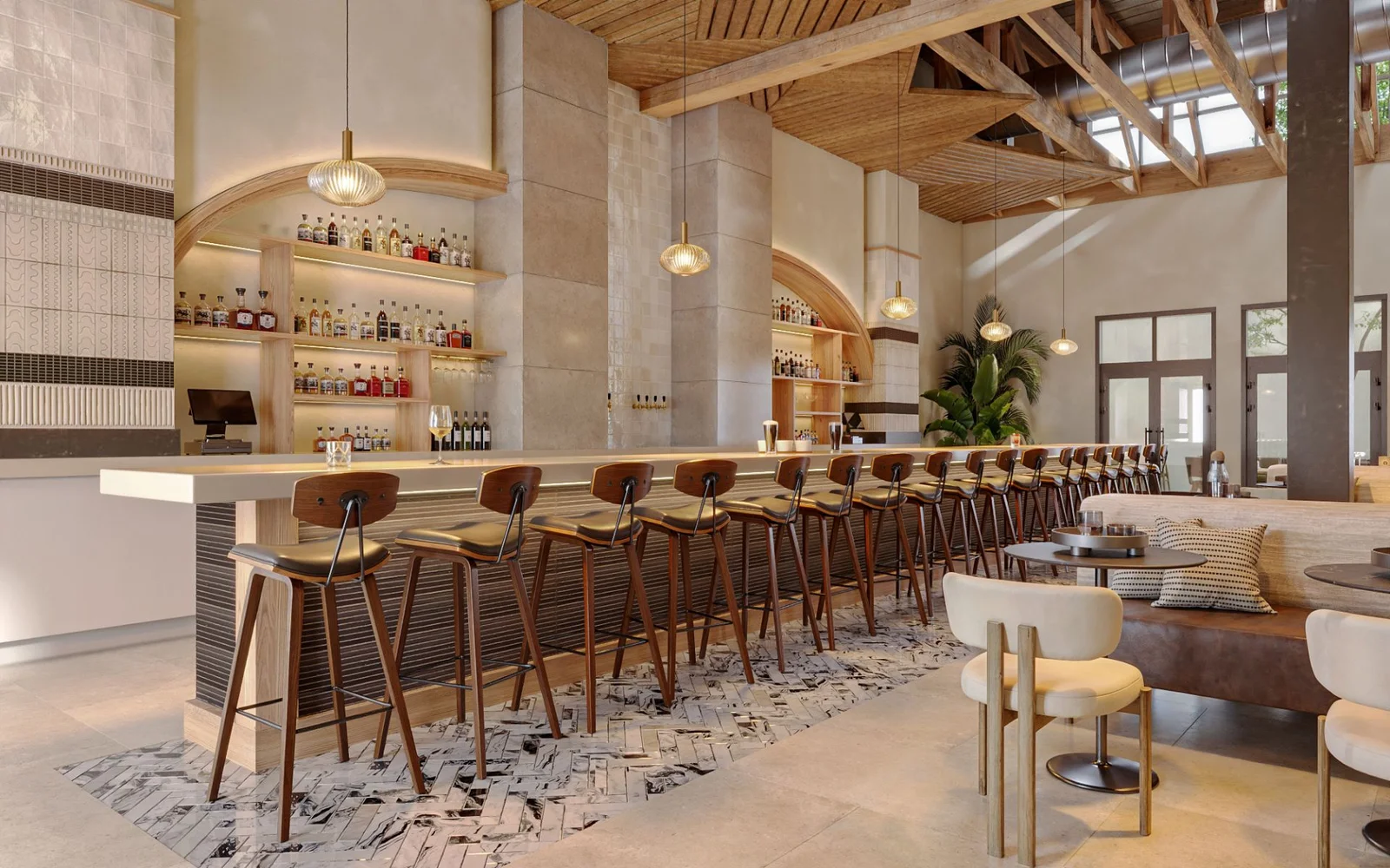 3D interior rendering of the American Bites restaurant bar in San Francisco