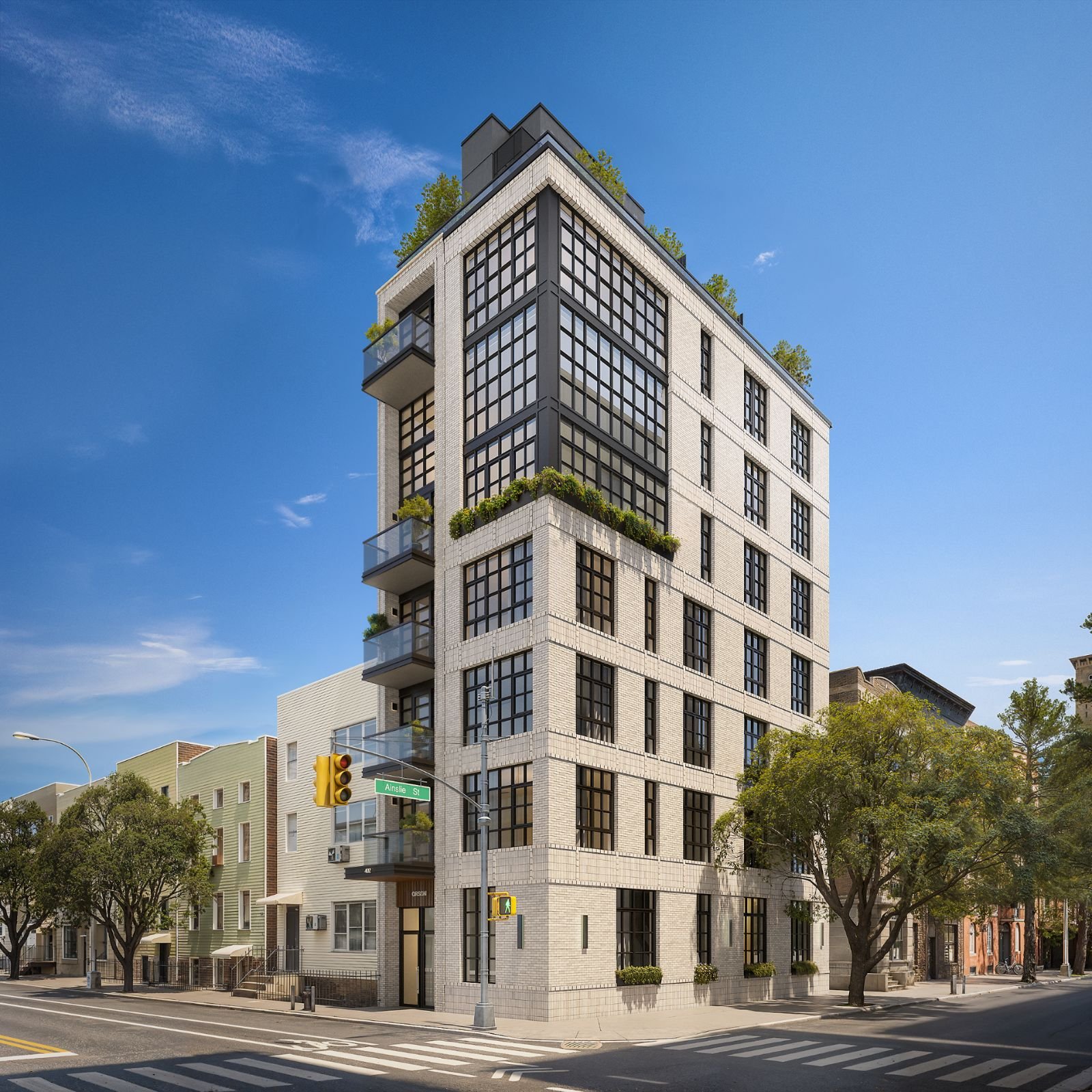 3D exterior rendering of Orson Williamsburg, a boutique brick residential building at 402 Union Avenue on a Williamsburg corner, with steel-grid windows and planted setback terraces under a clear sky