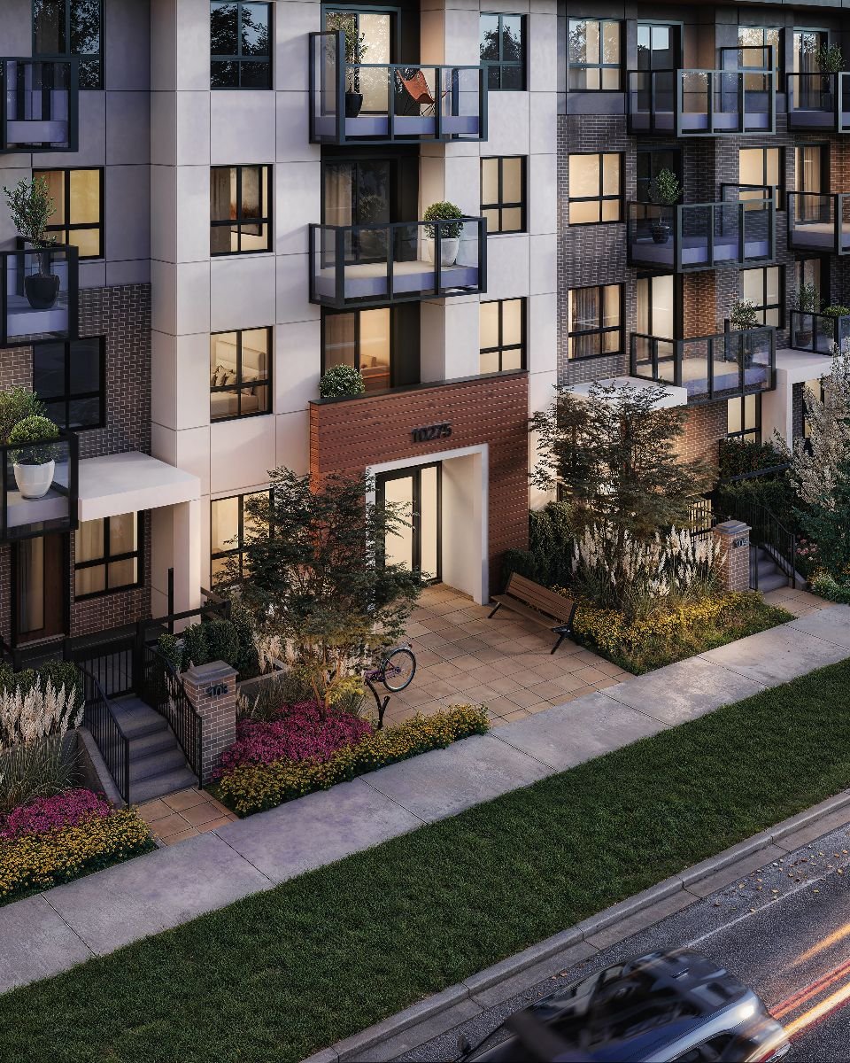 3D rendering of the Muse ground-floor entrance, with a brick base, townhouse-style stoops, layered planting, and glass balconies above.