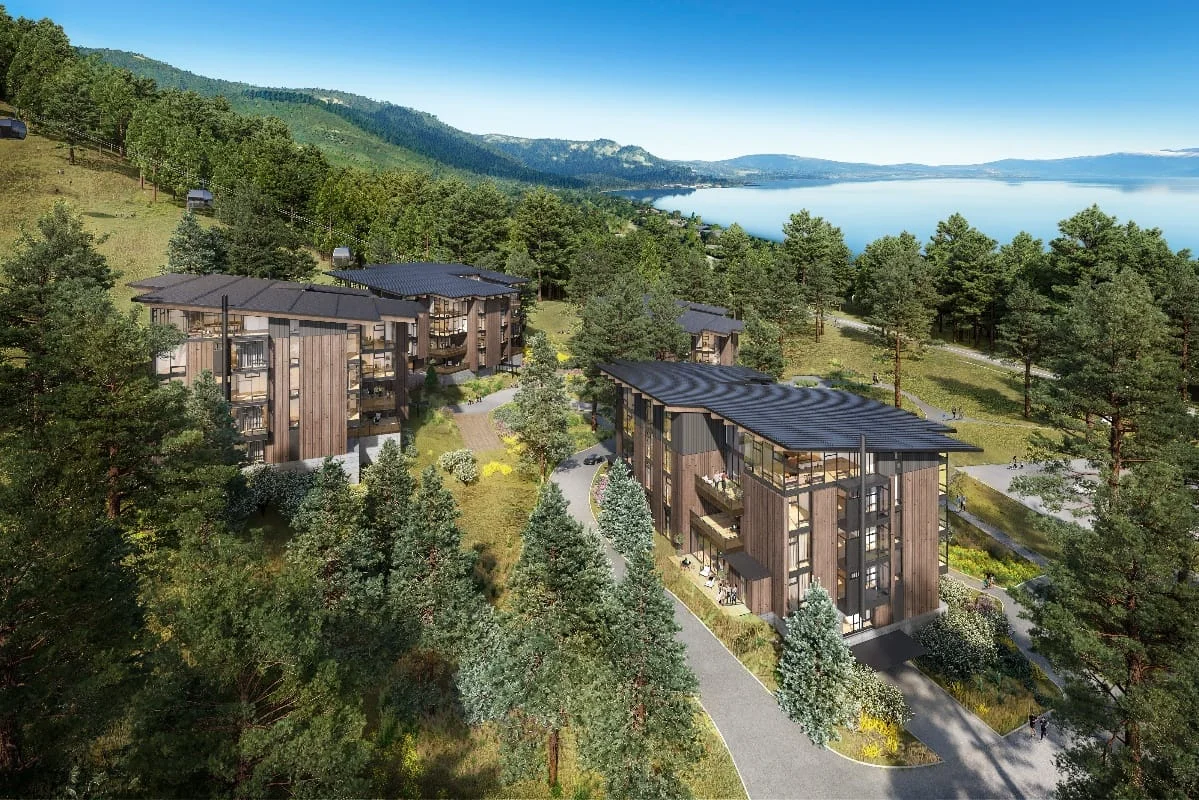 rendering of apartment blocks in a woodland setting