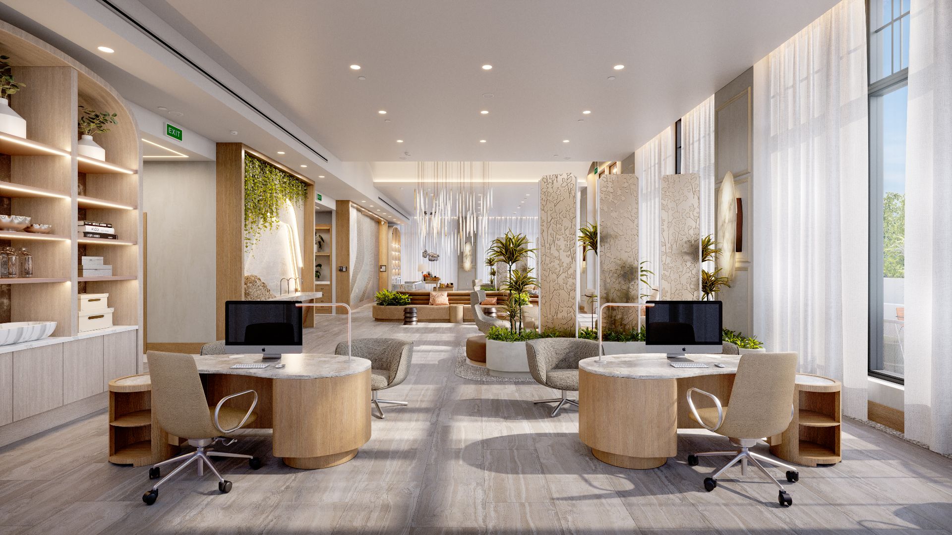 3D interior rendering of the Westin Vacation Club co-working lounge in Charleston, with round timber workstations and swivel chairs, a living wall, sheer drapery, and built-in shelving.