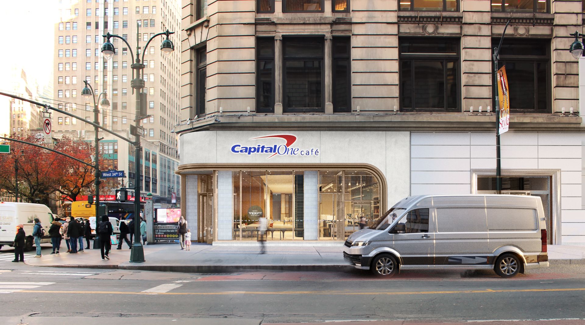 3D exterior rendering of a Capital One Café storefront on a Manhattan corner near West 34th Street, with curved glazing, brand signage, a delivery van and pedestrians on the sidewalk, and a subway entrance.