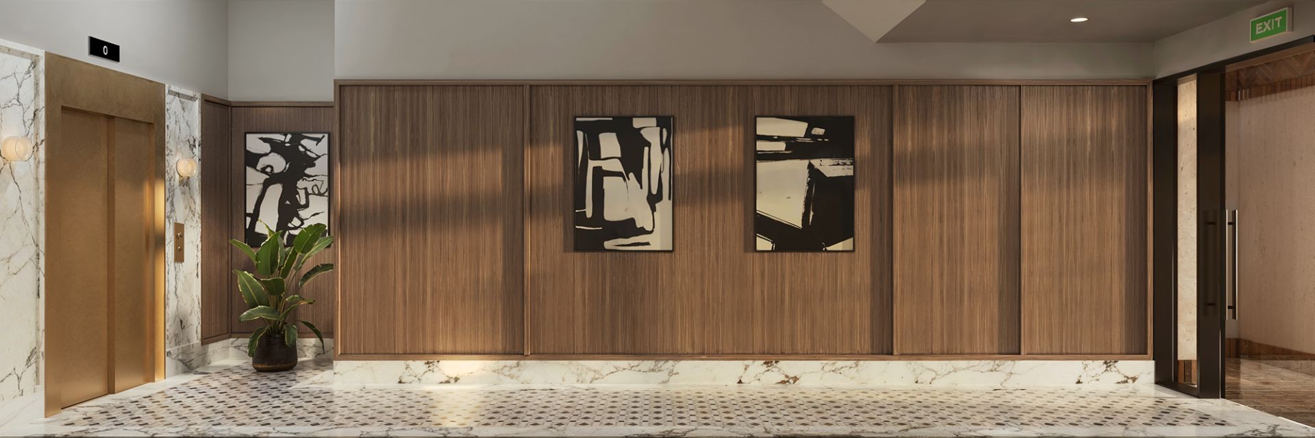 3D interior rendering of the lobby at The Willow in Manhattan, with a brass-faced elevator in a marble surround, a walnut wood-panelled feature wall hung with black-and-white abstract artworks, and a mosaic marble floor.