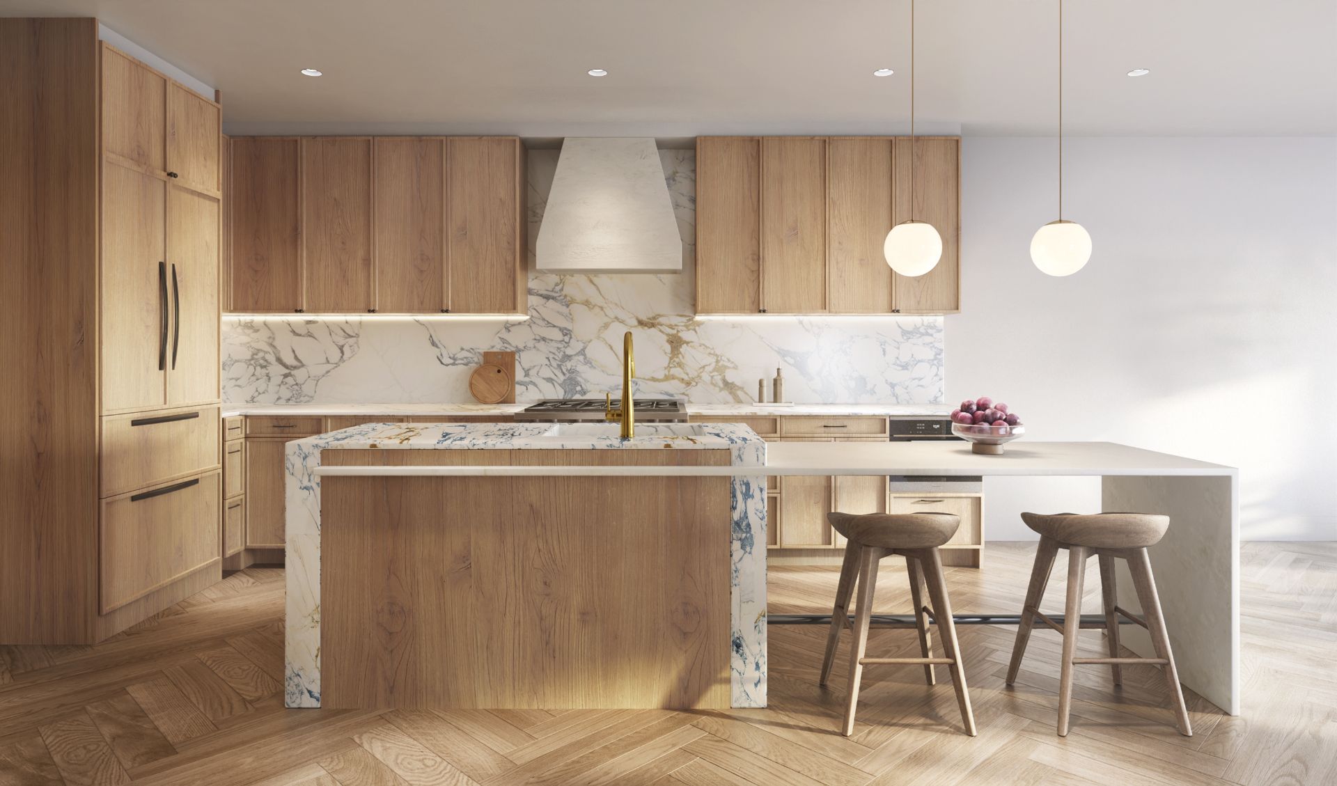3D interior rendering of the main kitchen at The Willow in Manhattan, with oak cabinetry, a Calacatta marble backsplash and waterfall island with blue veining, brass fixtures, globe pendant lights, and a herringbone floor.