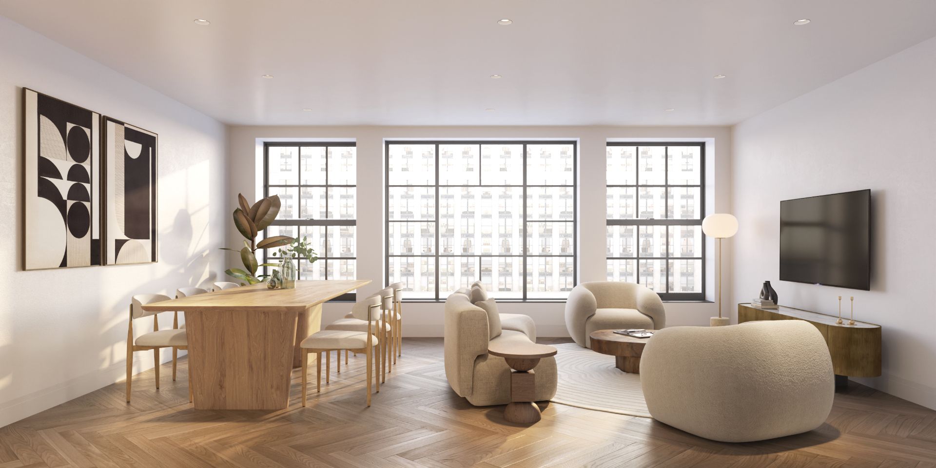 3D interior rendering of the living and dining area at The Willow in Manhattan, with a light oak dining table and chairs, boucle lounge seating, a wall-mounted television, a herringbone floor, and large grid windows looking onto the facing building.