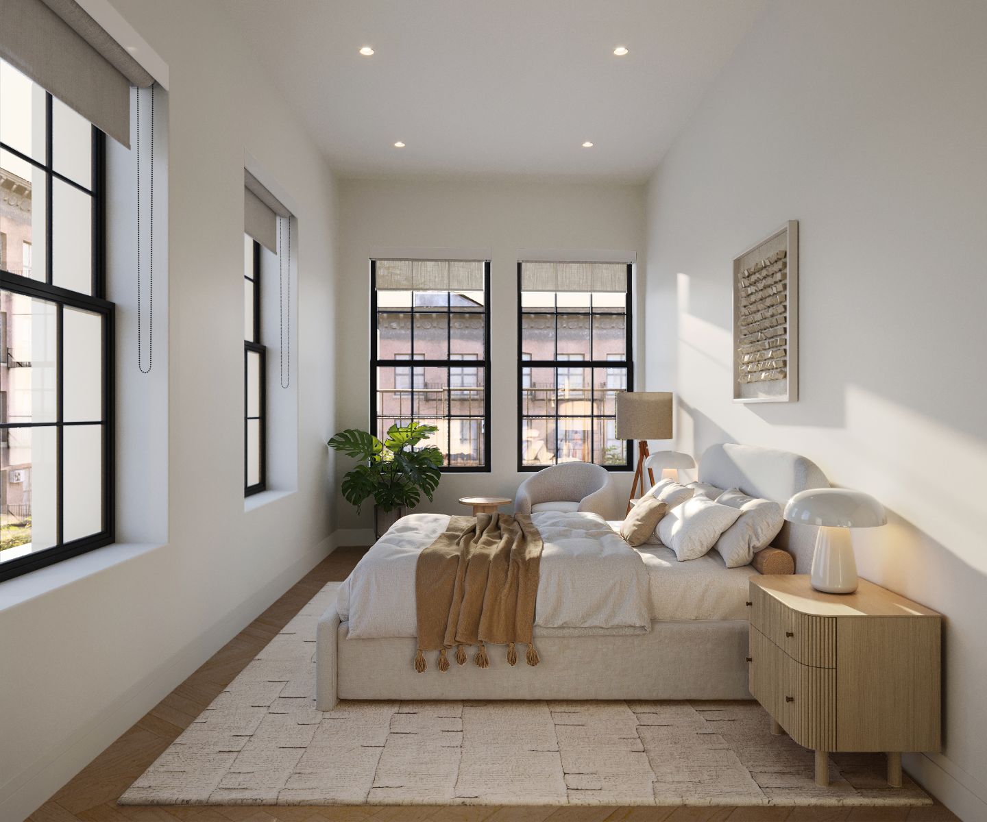 3D interior rendering of a secondary bedroom at The Willow in Manhattan, with a low bed dressed in a caramel throw, an oak nightstand, woven wall art, a plant, and tall windows looking onto the neighboring brick facade.