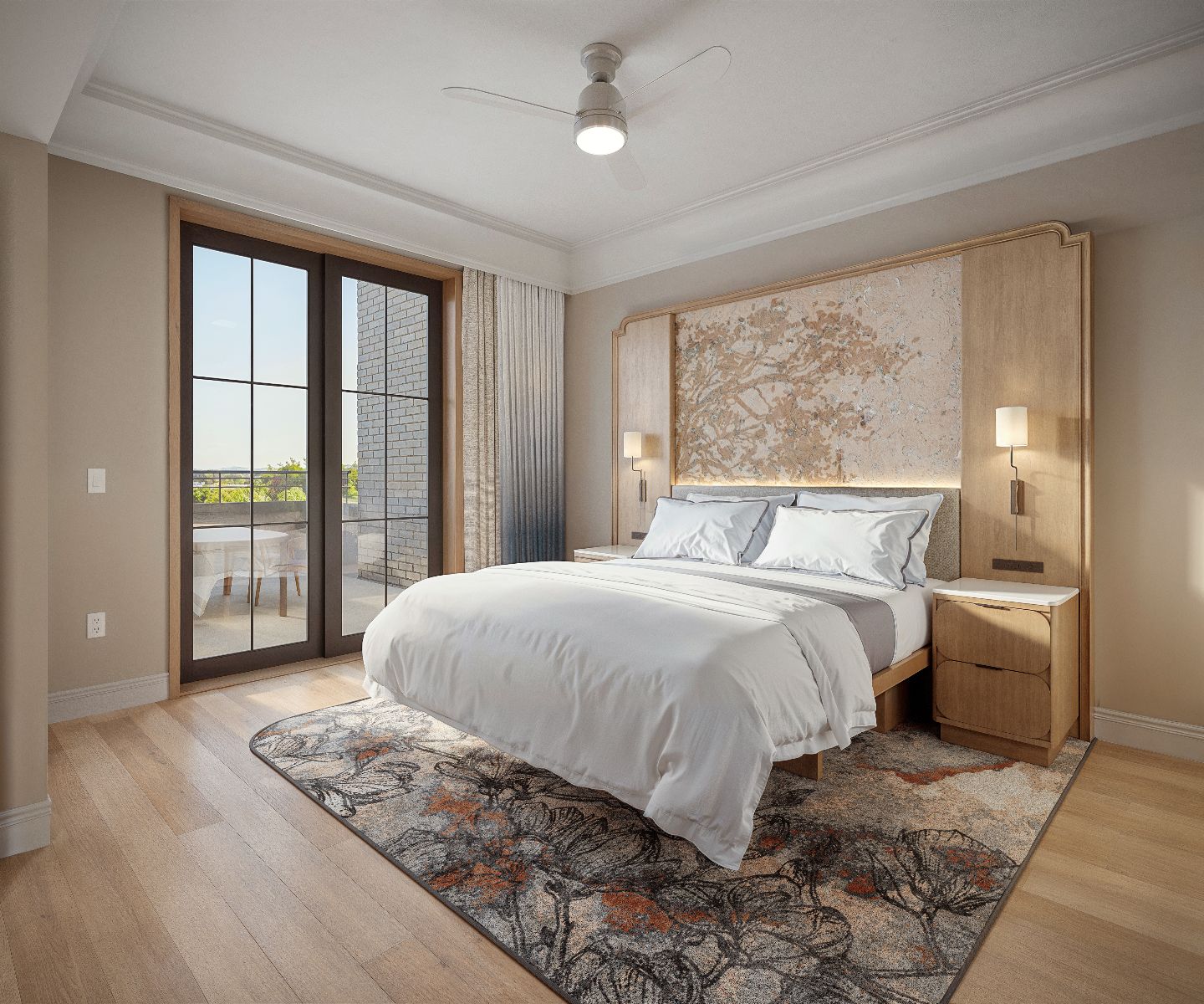 3D interior rendering of a Westin Vacation Club guest room in Charleston, with a king bed, a carved timber headboard with a botanical art panel, a ceiling fan, a floral rug, and sliding doors to a balcony.