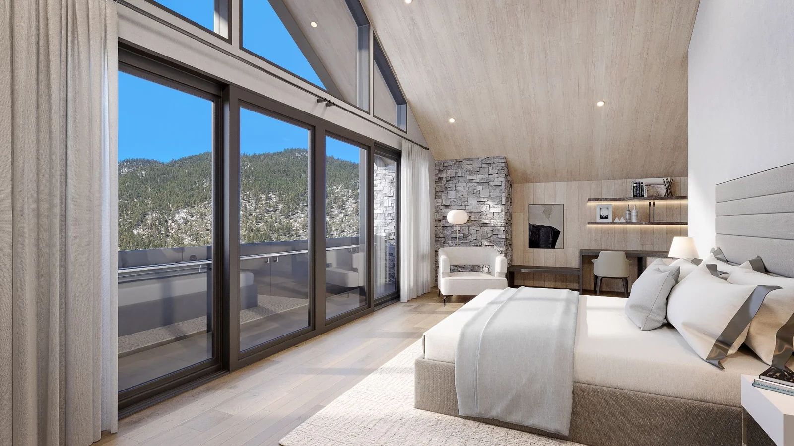 3D interior rendering of an upper-floor bedroom at the Clear Creek Tahoe residence, opening through sliding glass to a private balcony and mountain view.