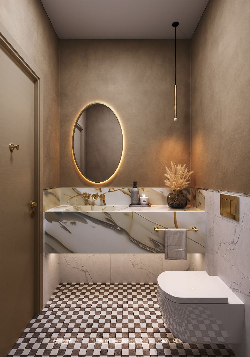 3D interior rendering of the powder room at The Willow in Manhattan, with a backlit oval mirror, a Calacatta marble vanity with gold veining, brass fixtures, a wall-hung toilet, and a checkerboard floor.