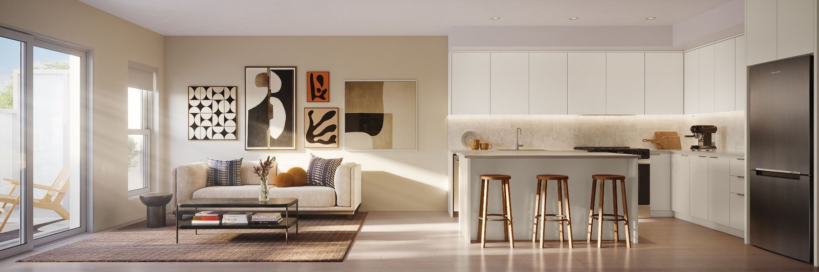 Wide 3D interior rendering of a Muse open-plan living and kitchen, with a gallery wall of abstract art, a neutral sofa, a kitchen island with timber stools, and patio doors to a balcony.