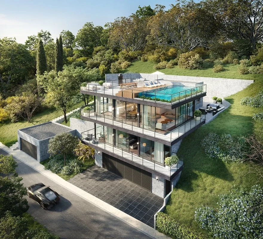 3D exterior rendering of a luxury house with a pool