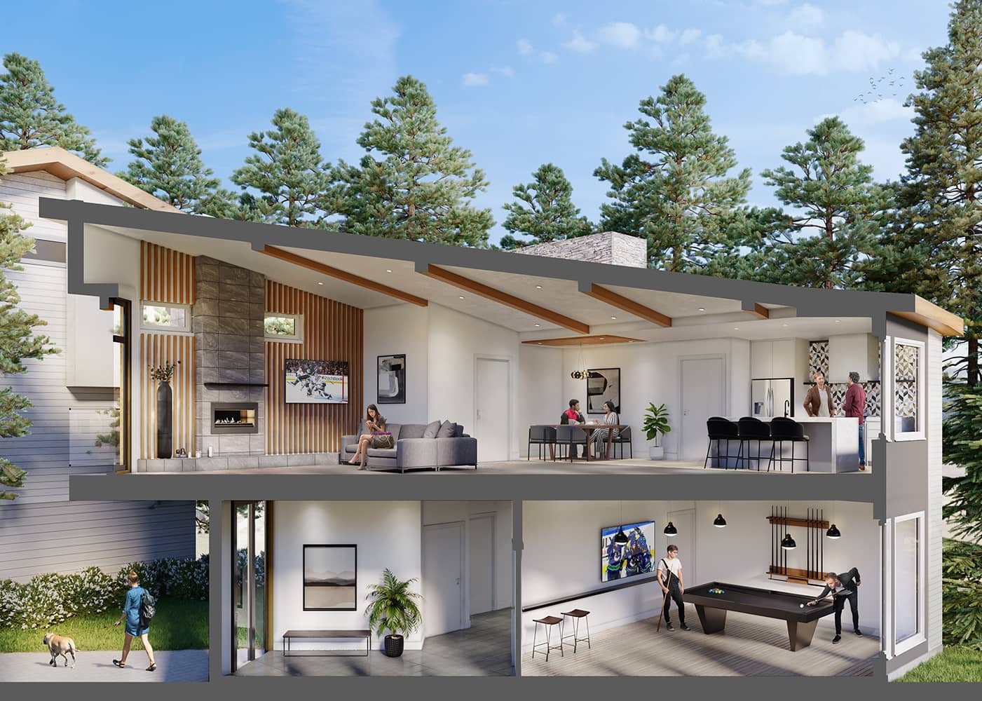 A set of organized 3D rendering deliverables including a floor plan
