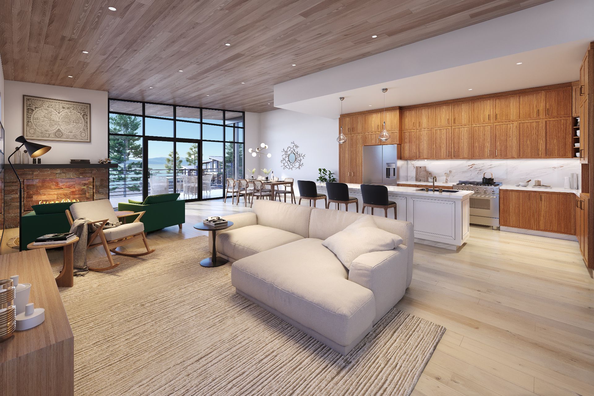3D interior rendering of a living room at Alpine View Estates in Lake Tahoe, with a stone fireplace, white sectional, and forest-and-lake view