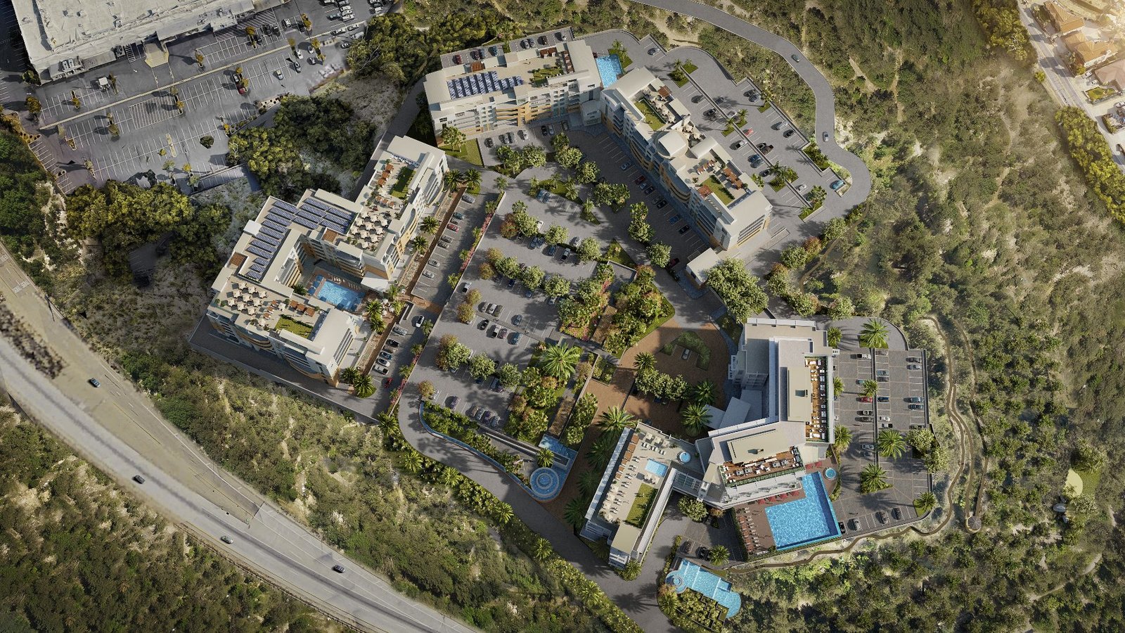Aerial 3D rendering of a development site in its surrounding landscape
