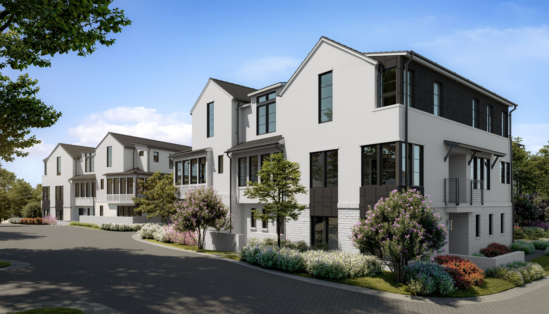 3D exterior rendering of a row of luxury townhomes at Addie Westlake in Austin, Texas, in white render with dark trim, along a paver street with crepe myrtle in bloom.