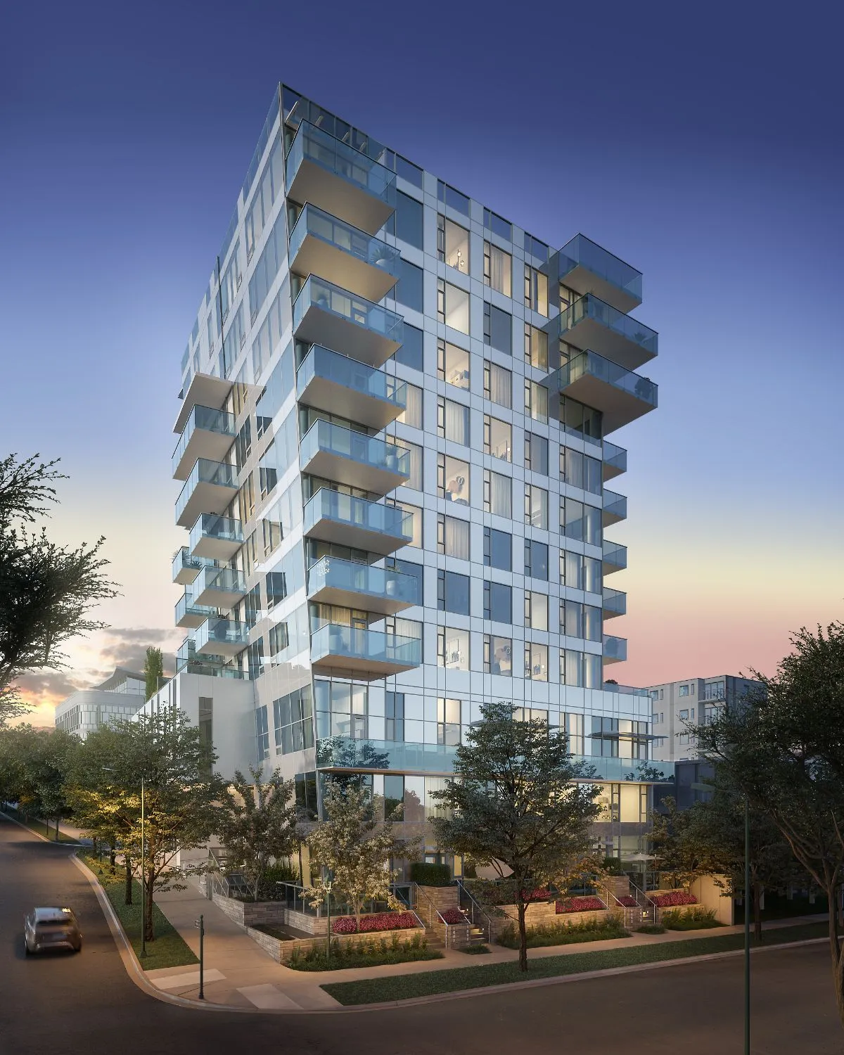 3D exterior rendering of the Italia by Solterra residential tower at dusk on Fir Street in Vancouver, with lit glass balconies