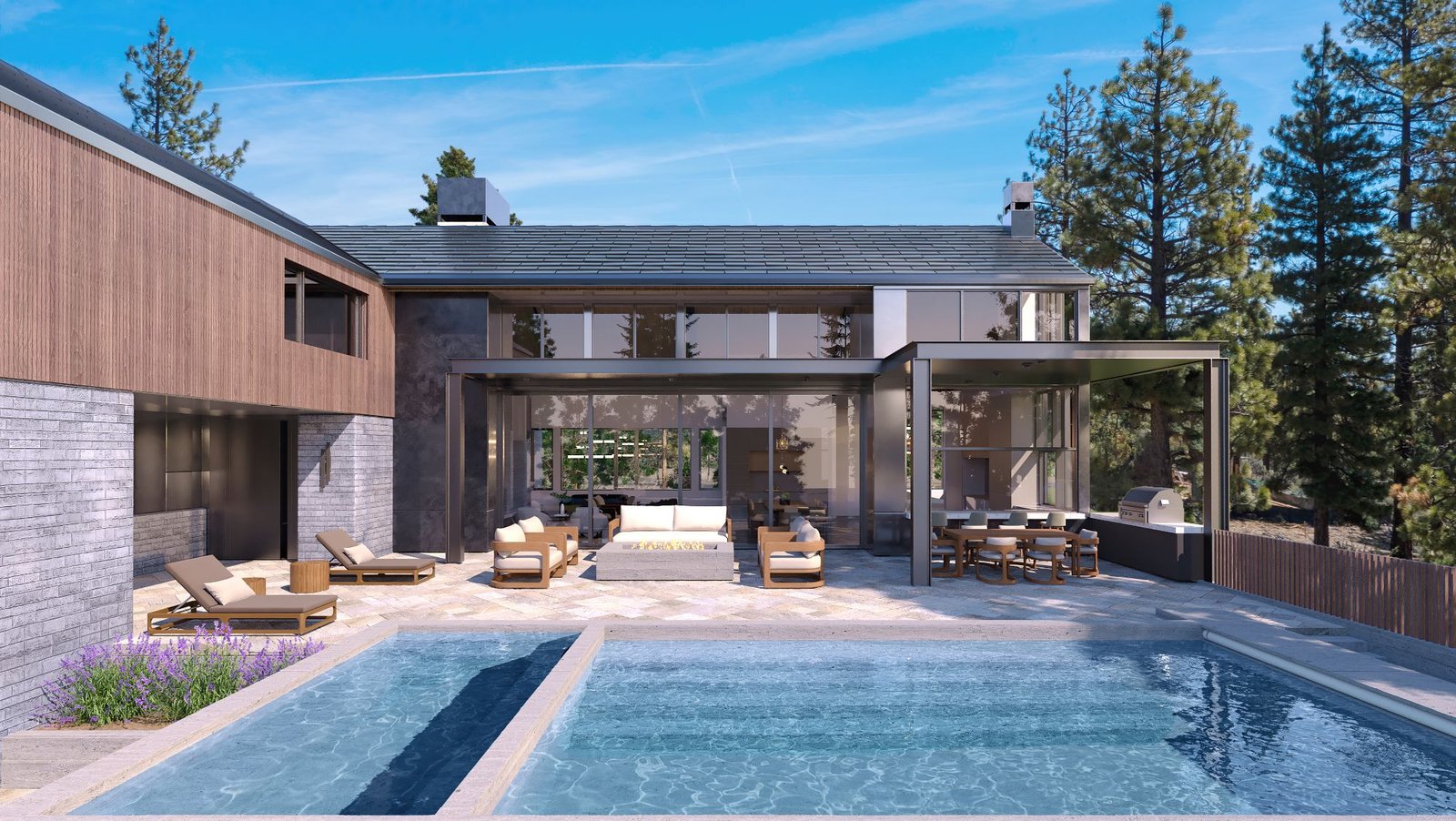 3D exterior rendering of the Clear Creek Tahoe pool and sun terrace, with loungers, a fire feature, and a covered outdoor living and kitchen area beneath the house.