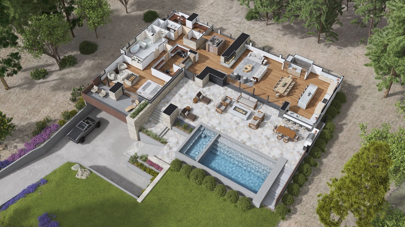 Cutaway aerial 3D rendering of the Clear Creek Tahoe residence, showing the full floor plan, pool terrace, driveway, and wooded site from above.