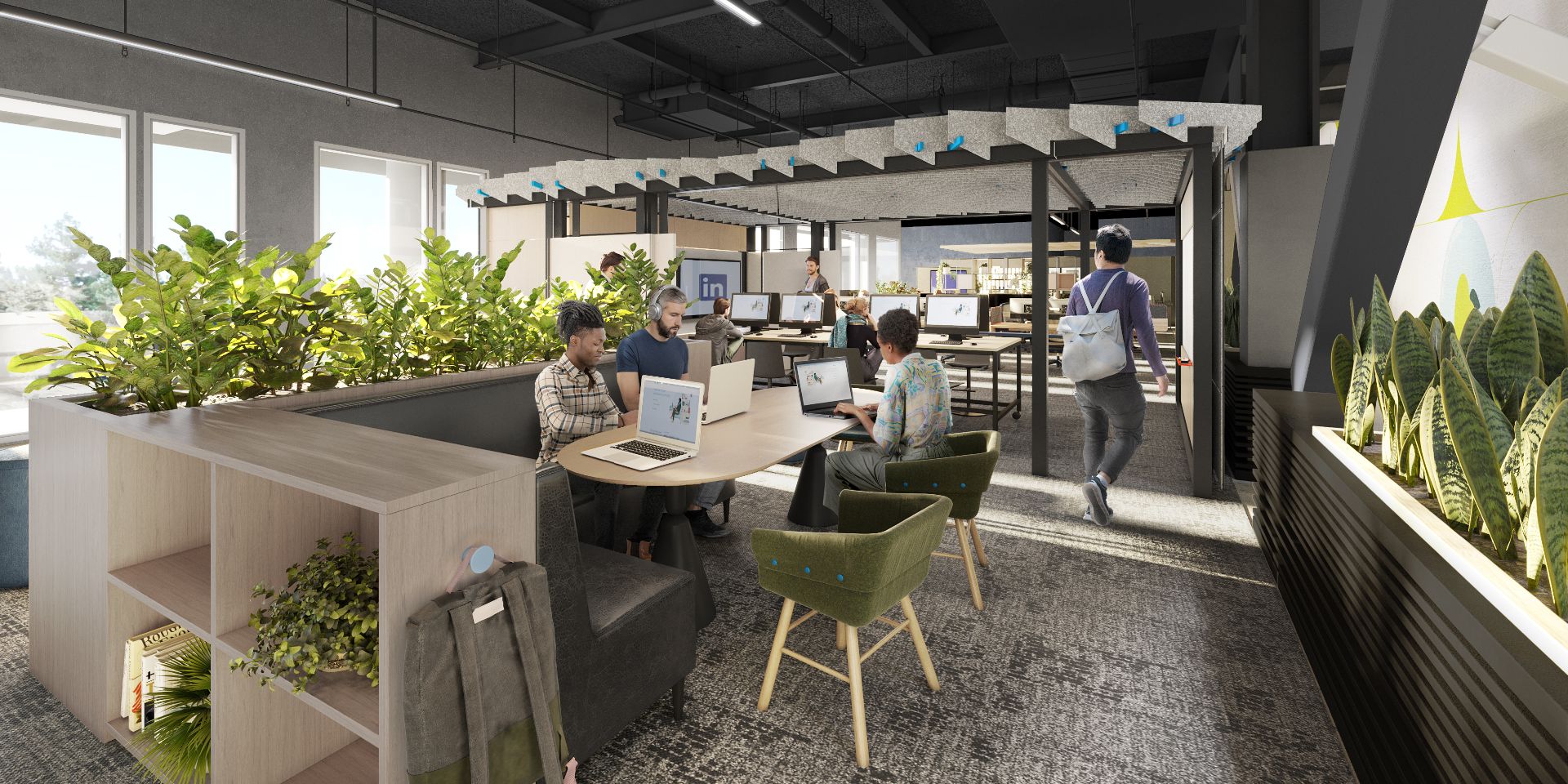 3D interior rendering of an open work neighbourhood at LinkedIn's Palo Alto headquarters, with colleagues collaborating at a soft-seating table, planted dividers, the LinkedIn logo on a glass partition, and rows of sit-stand desks beyond.