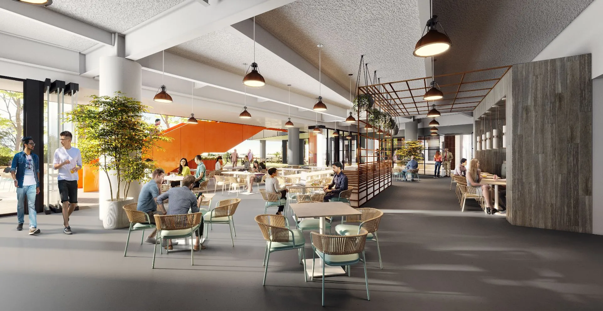 3D interior rendering of a hospitality-inspired social hub at LinkedIn's Palo Alto headquarters, with woven lounge chairs, cafe seating, pendant lighting, an orange feature wall, and an open floor leading toward daylit glazing.