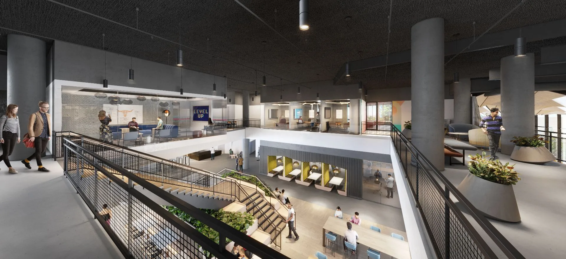 3D interior rendering of the multi-level atrium at LinkedIn's Palo Alto headquarters, looking across a railing to a double-height volume with a stair, focus pods, exposed concrete columns, and people moving between floors.