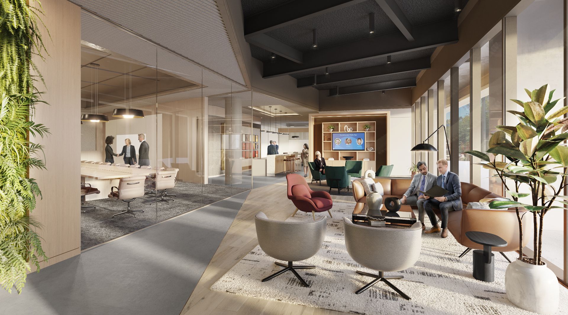 3D interior rendering of an executive lounge at LinkedIn's Palo Alto headquarters, with a glass-walled meeting room, soft swivel chairs around a low table, a green planted wall, and people in conversation.