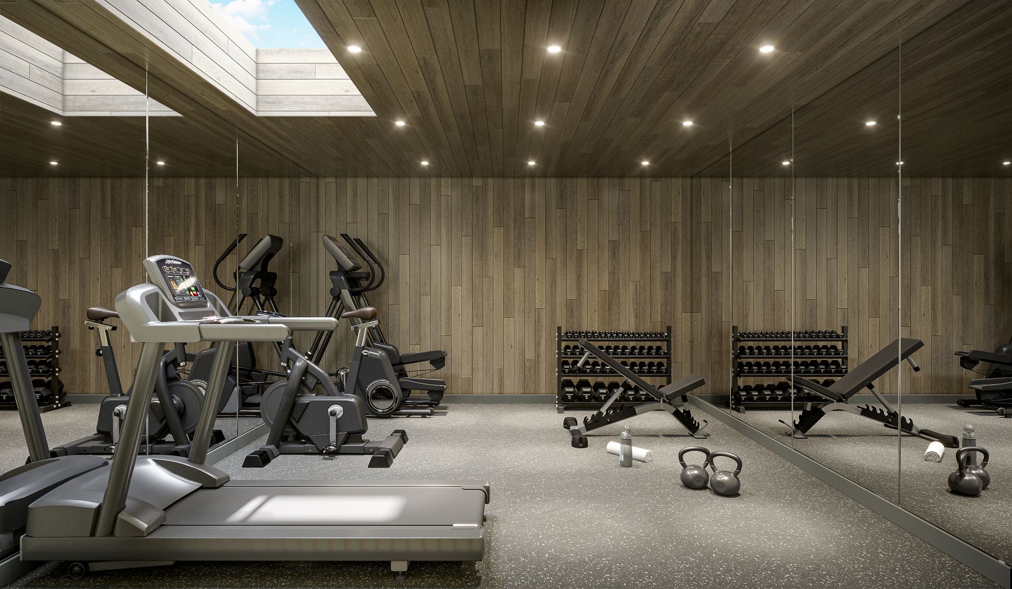 3D interior rendering of the residents' fitness studio at Italia by Solterra in Vancouver, with cardio equipment and free weights