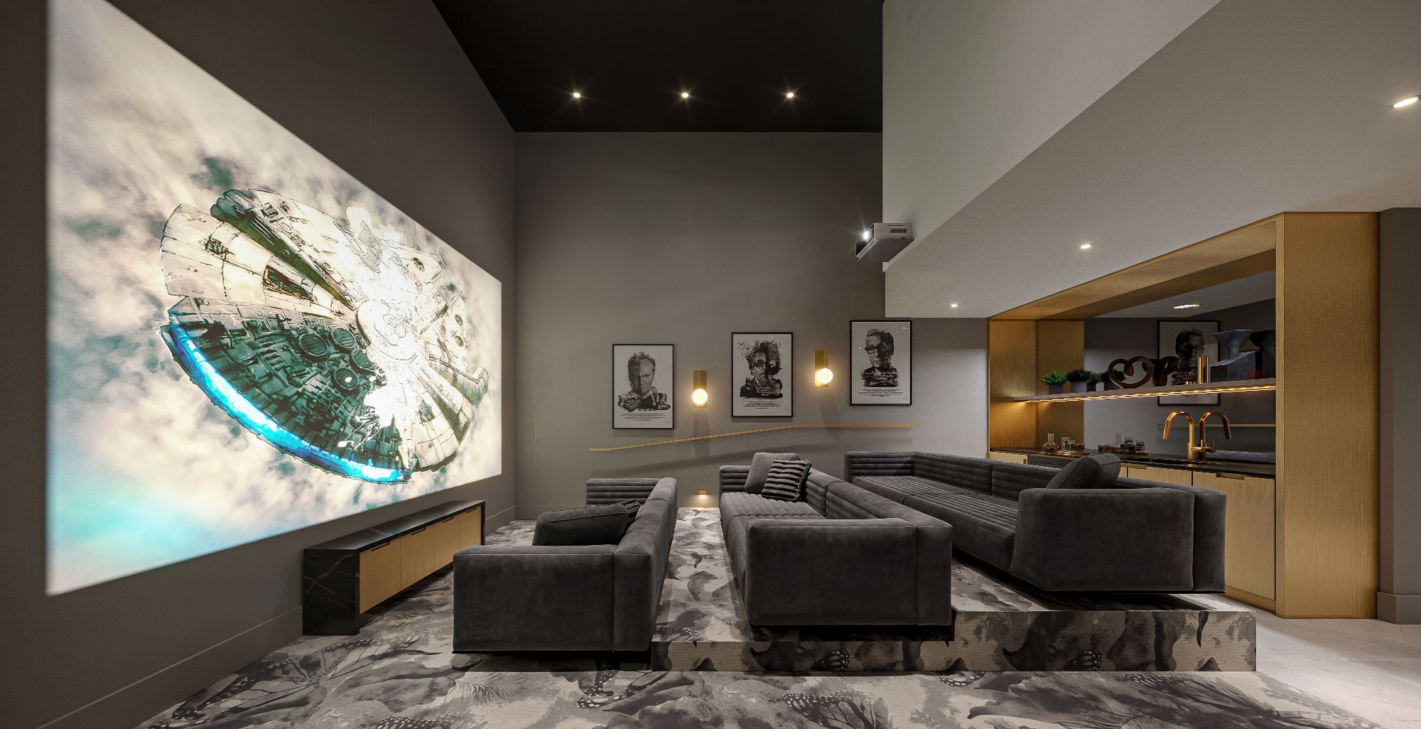 3D interior rendering of the private screening room at Italia by Solterra in Vancouver, with a projector screen and lounge seating